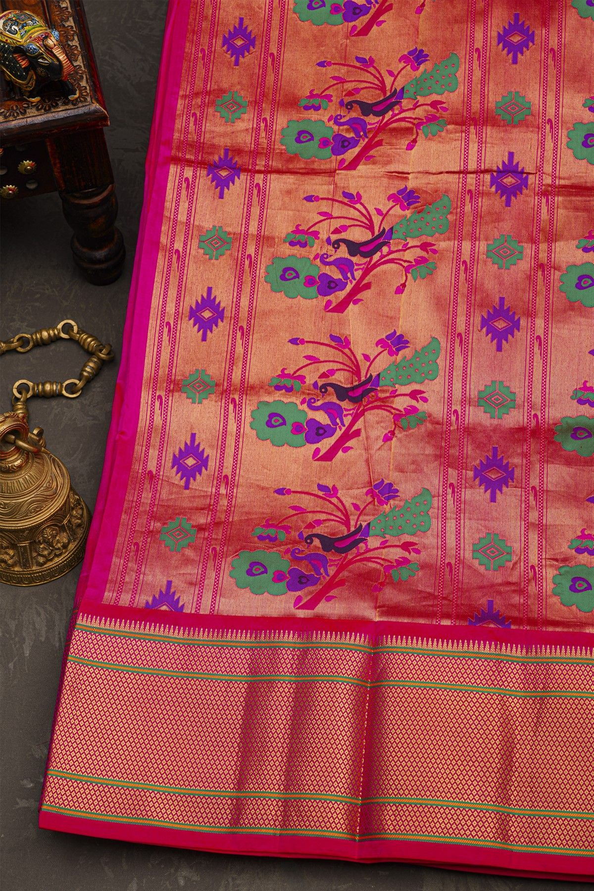 Narayanpet Silk Rani Pink Saree With Florals And Buttis Body