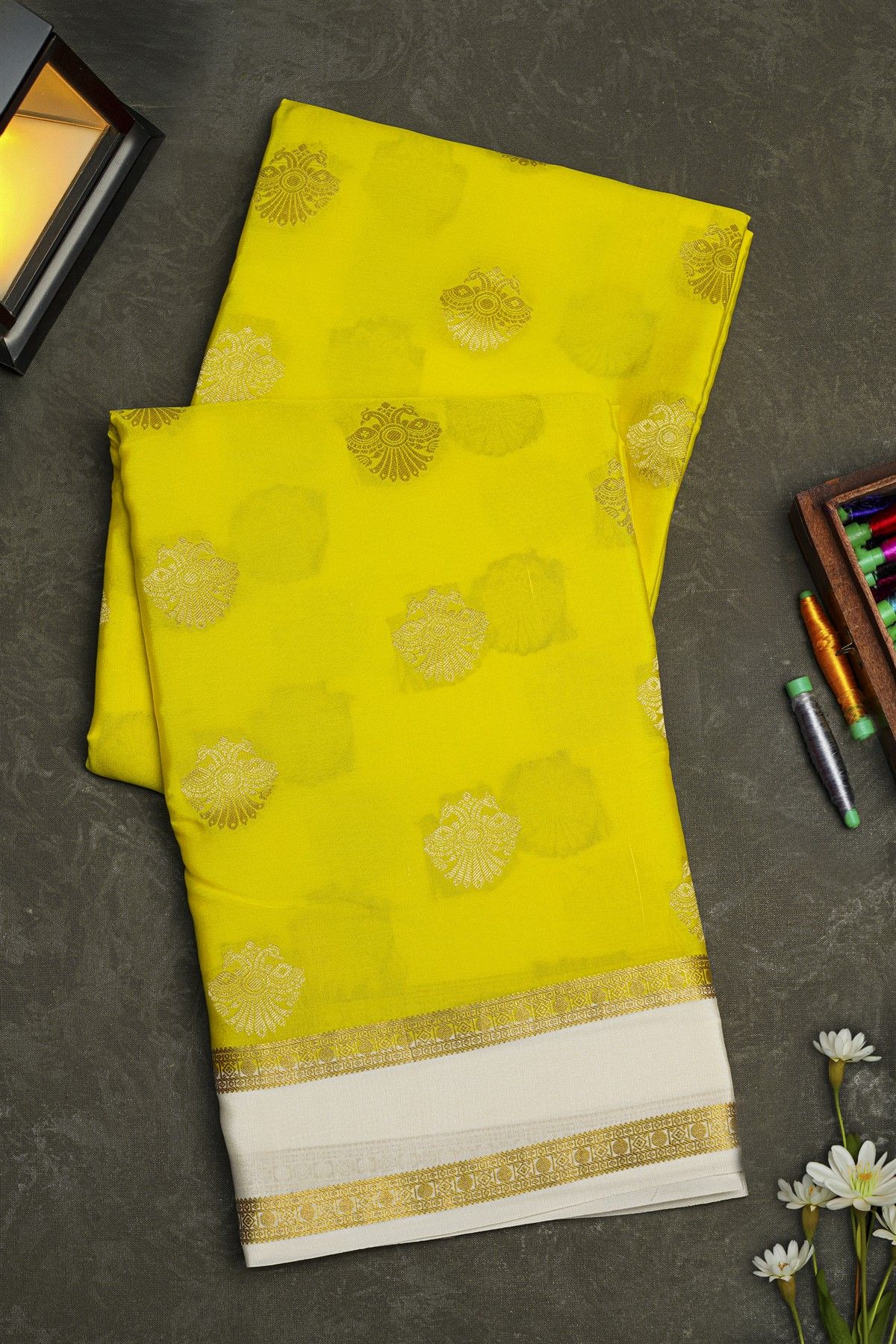 Mysore Crepe Yellow Saree With Gandaberunda Buttis Body