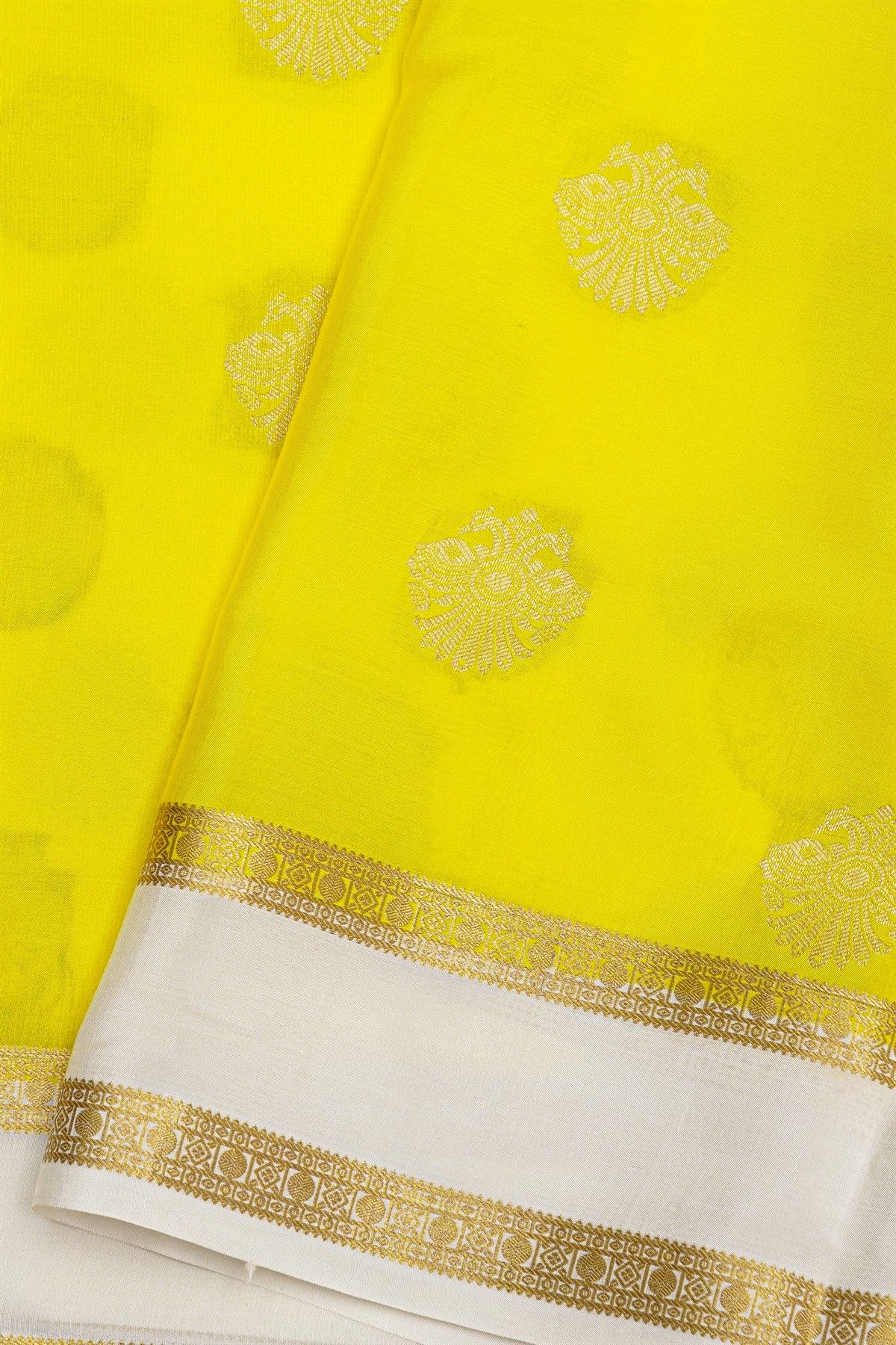 Mysore Crepe Yellow Saree With Gandaberunda Buttis Body