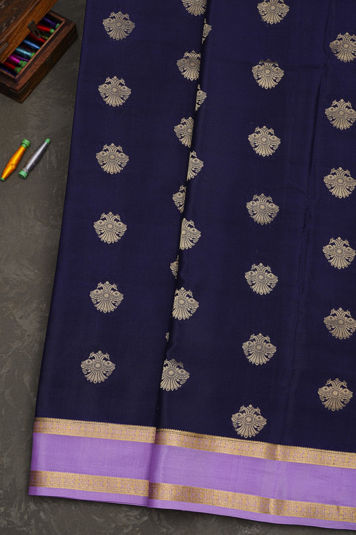 Mysore Crepe Navy Blue Saree With Gandaberunda Buttis Body
