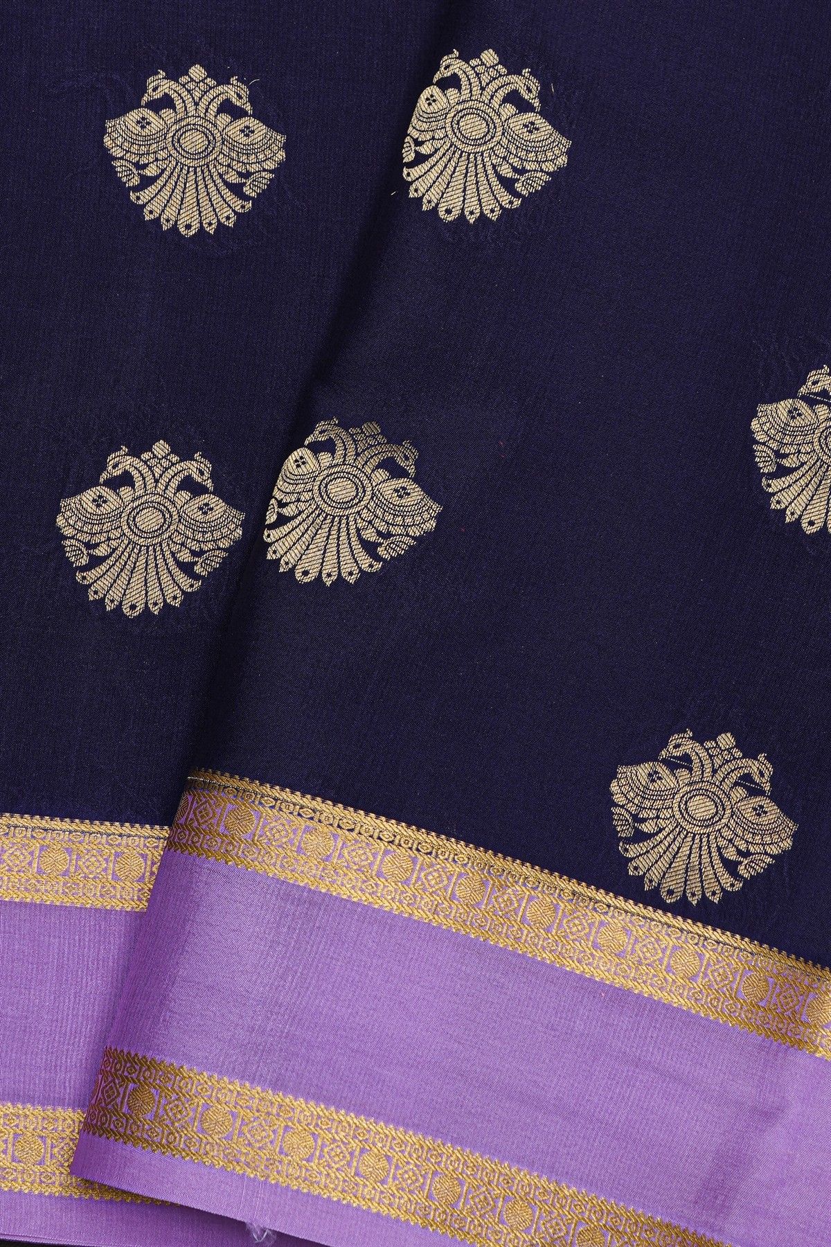 Mysore Crepe Navy Blue Saree With Gandaberunda Buttis Body