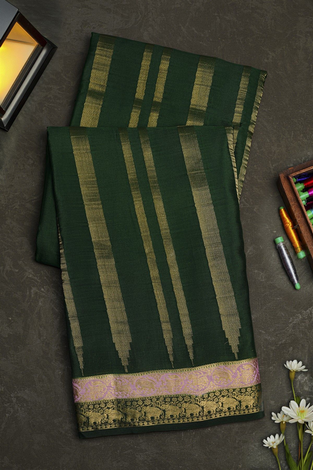 Mysore Crepe Bottle Green Saree With Vertical Stripes Body