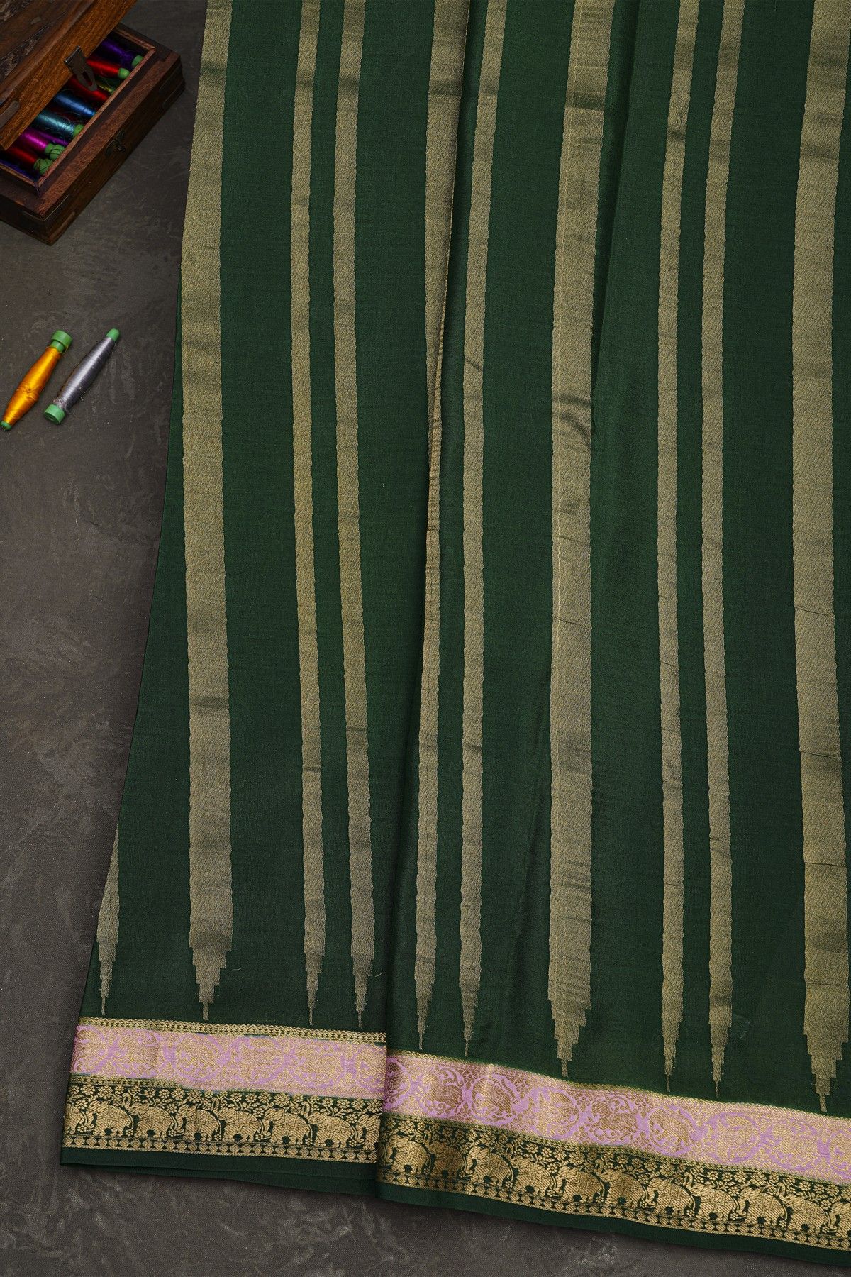 Mysore Crepe Bottle Green Saree With Vertical Stripes Body