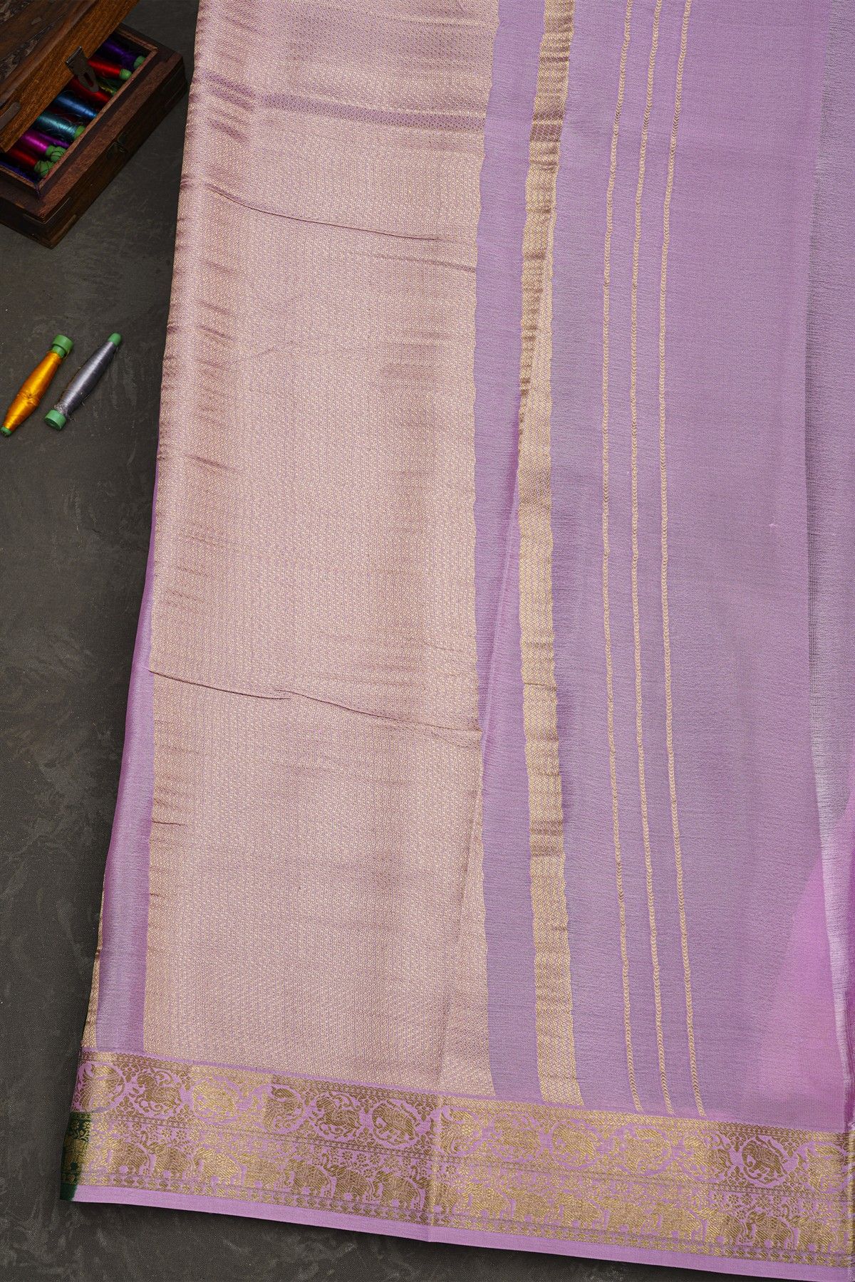 Mysore Crepe Bottle Green Saree With Vertical Stripes Body