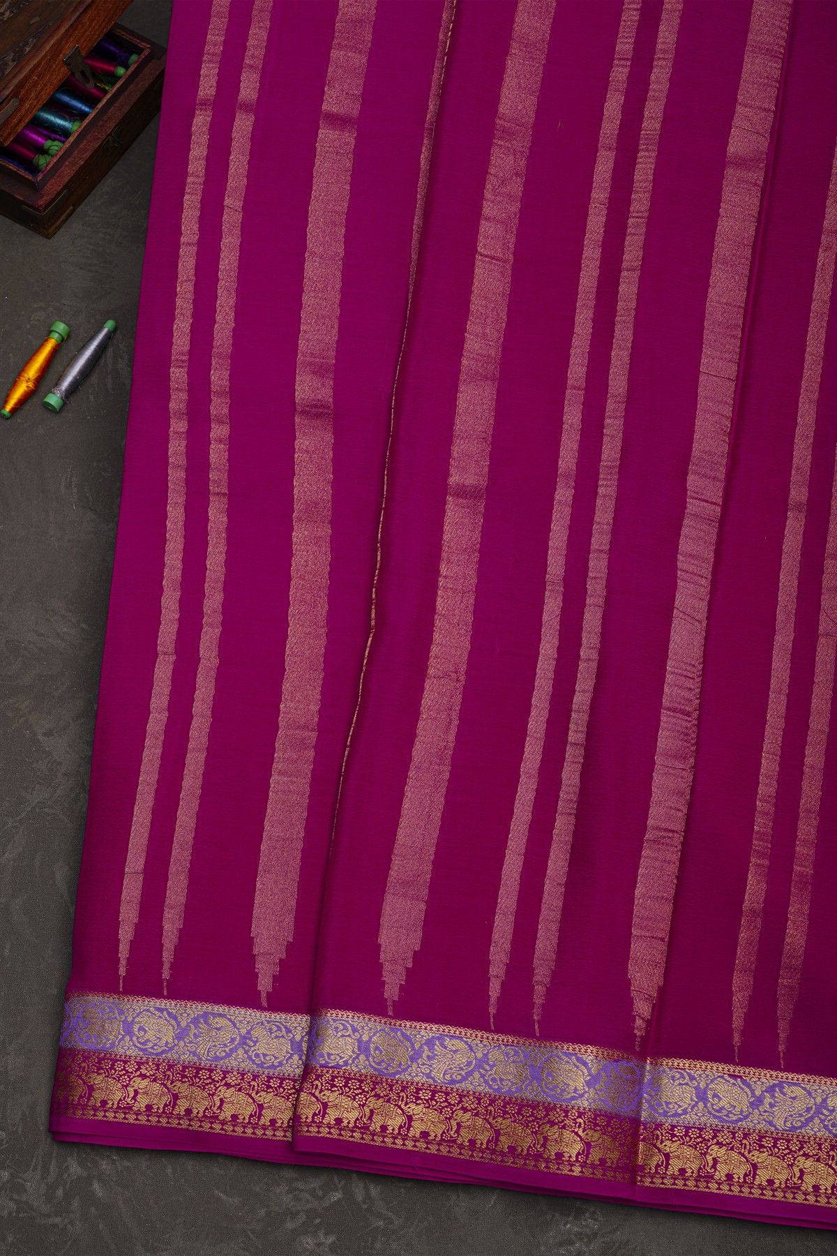 Mysore Crepe Rani Pink Saree With Vertical Stripes Body
