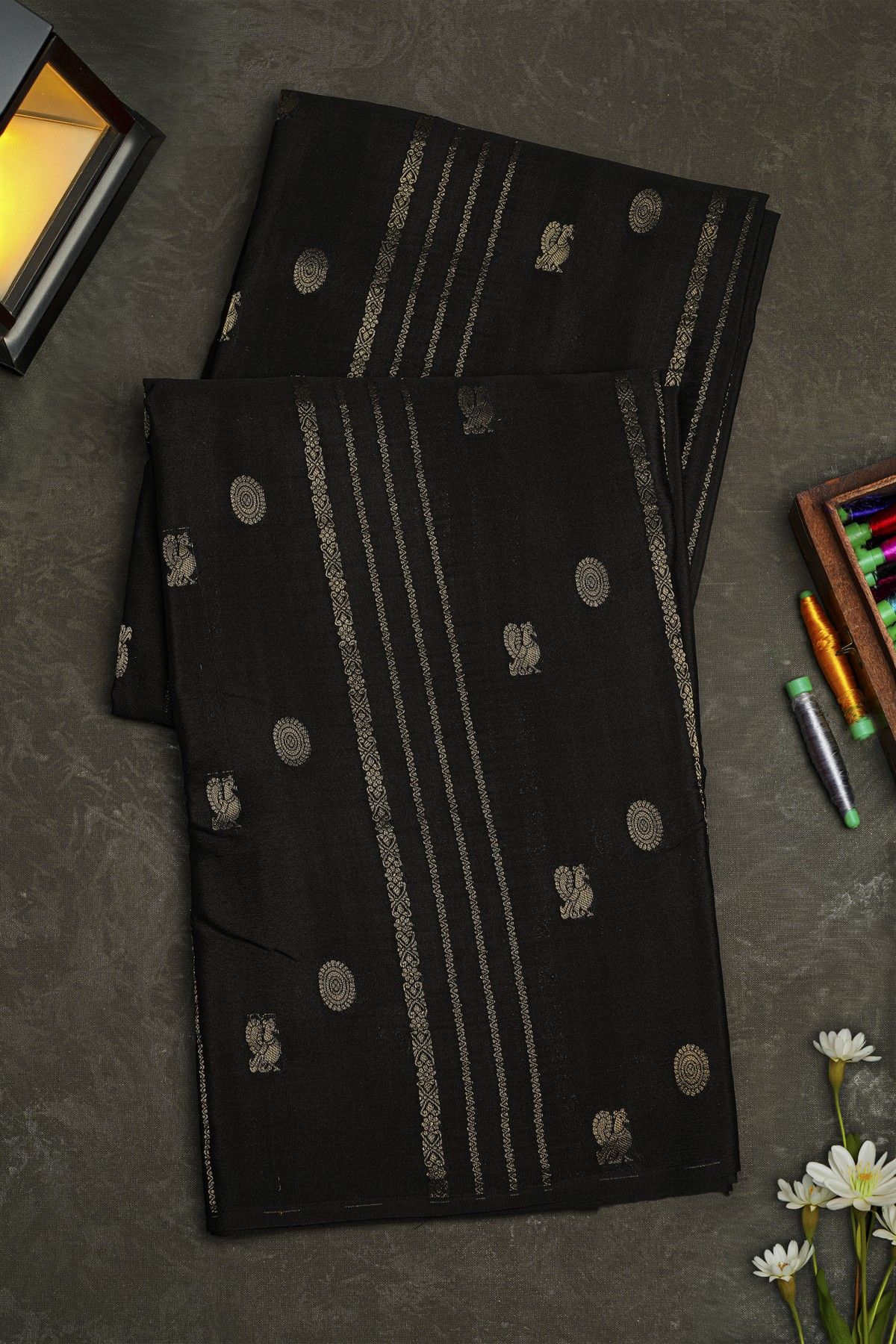 Mysore Crepe Black Saree With Florals And Peacock Buttis Body