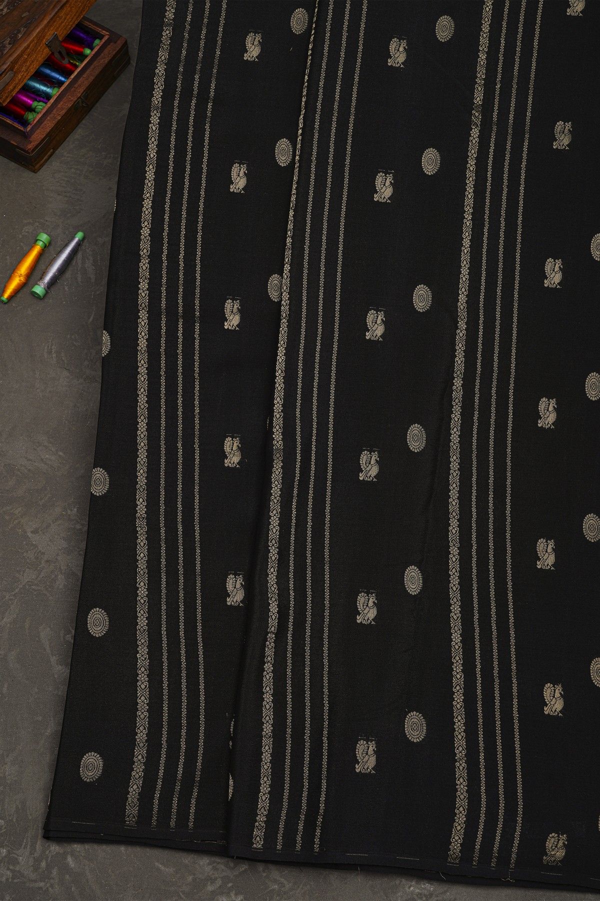 Mysore Crepe Black Saree With Florals And Peacock Buttis Body