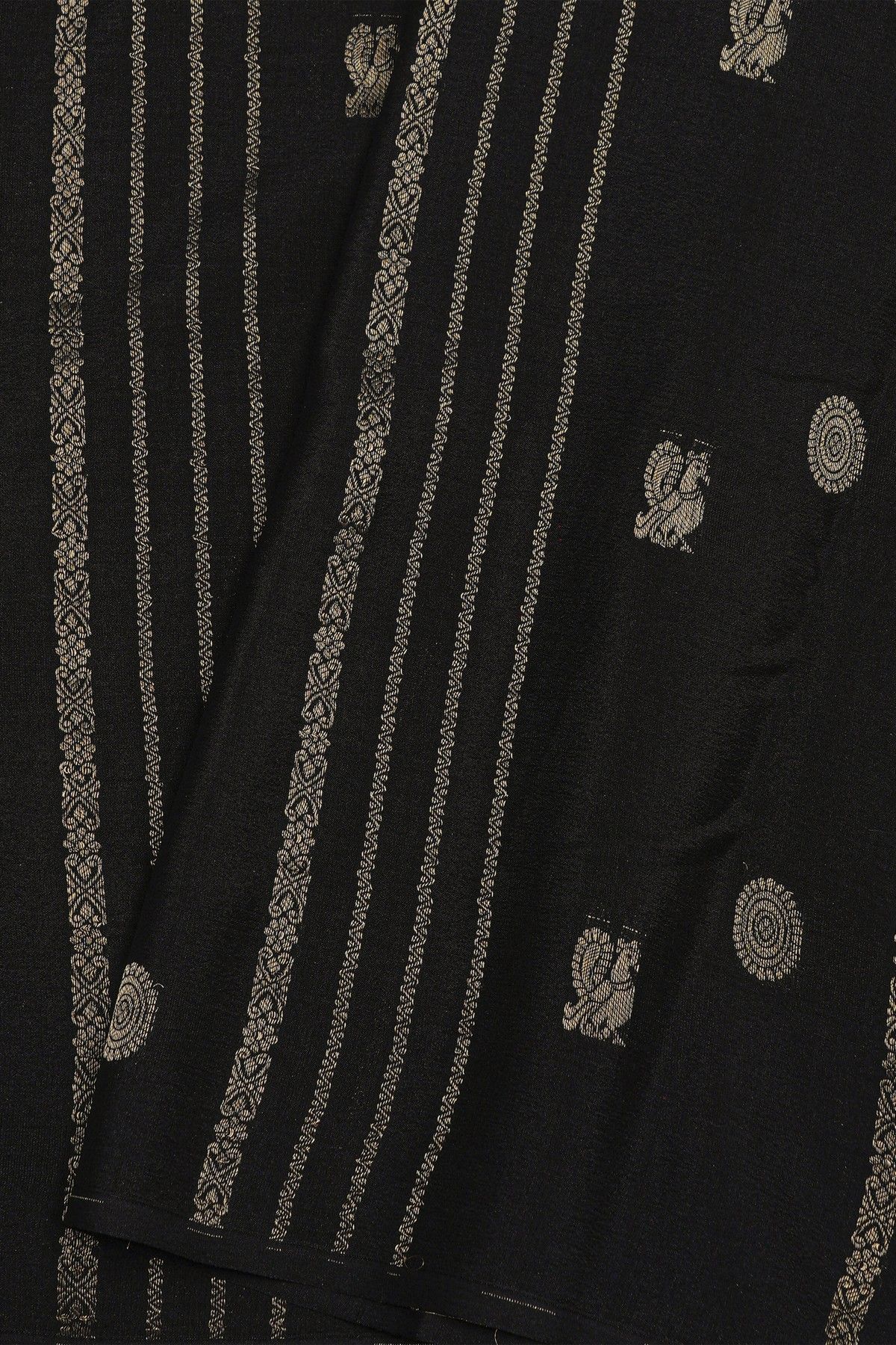 Mysore Crepe Black Saree With Florals And Peacock Buttis Body