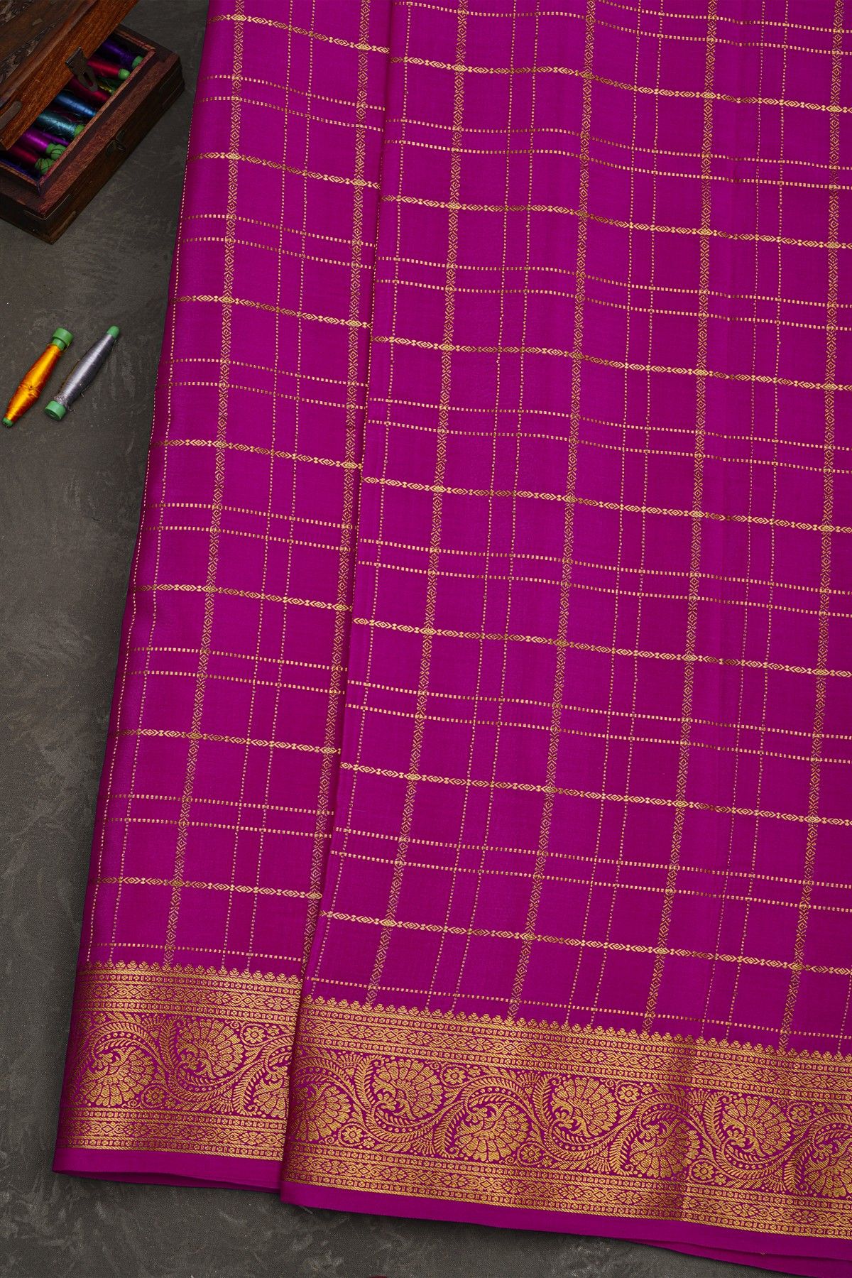 Mysore Silk Rani Pink Saree With Zari Checks Body