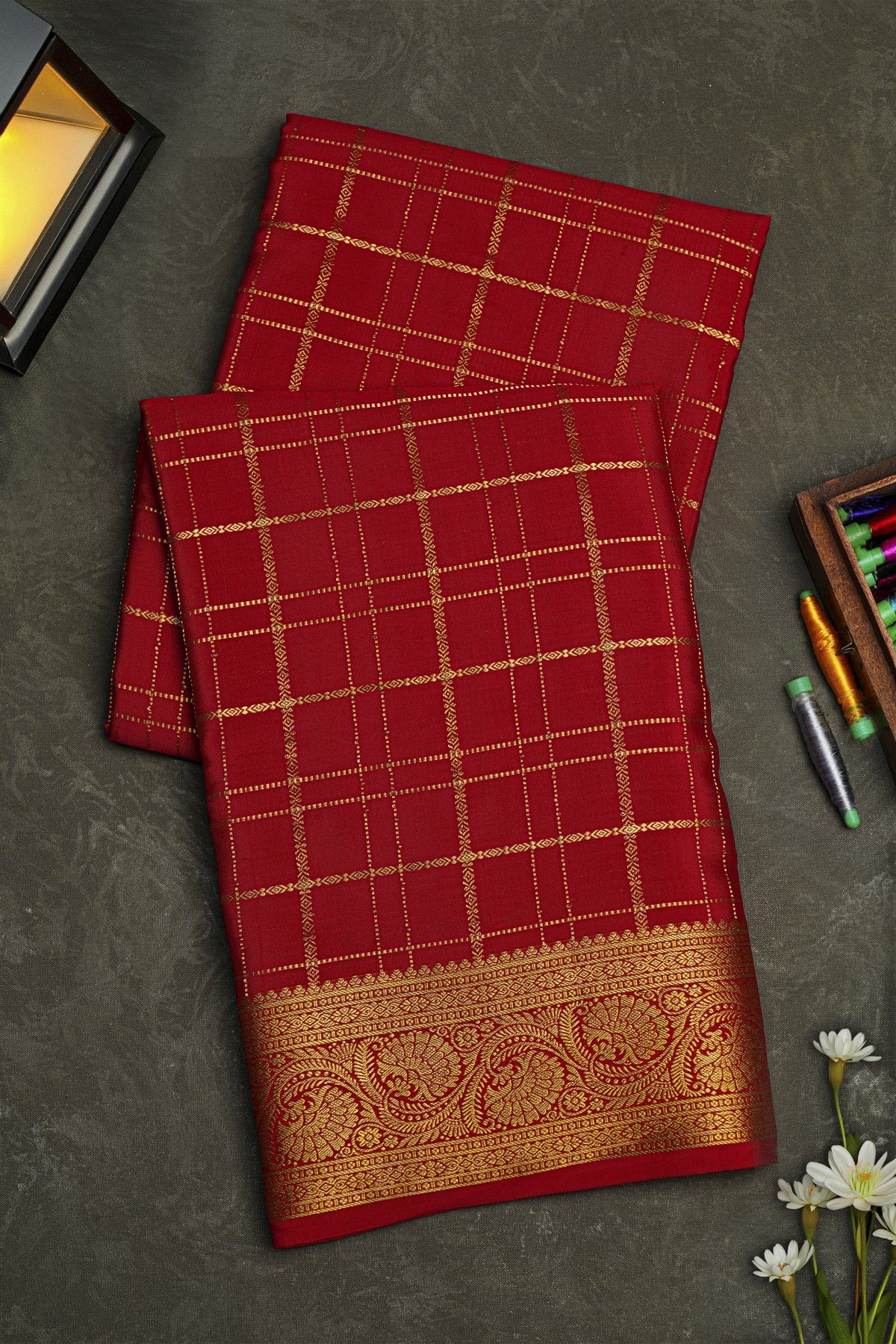 Mysore Crepe Red Saree With Zari Checks Body