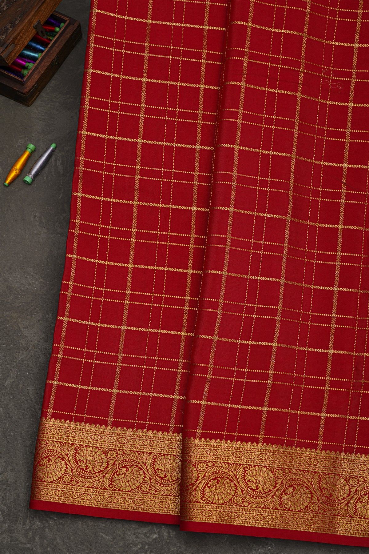 Mysore Crepe Red Saree With Zari Checks Body