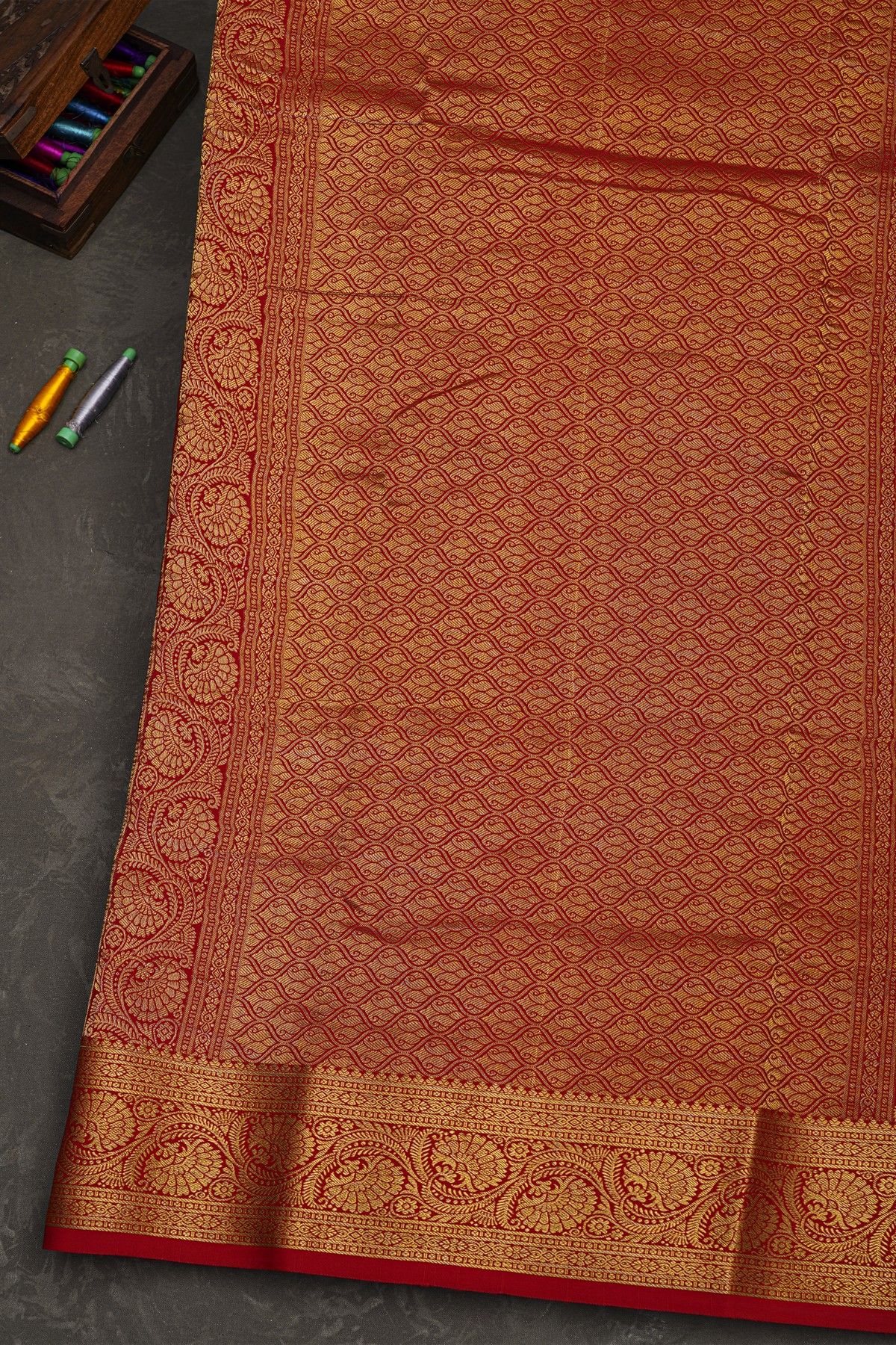 Mysore Crepe Red Saree With Zari Checks Body