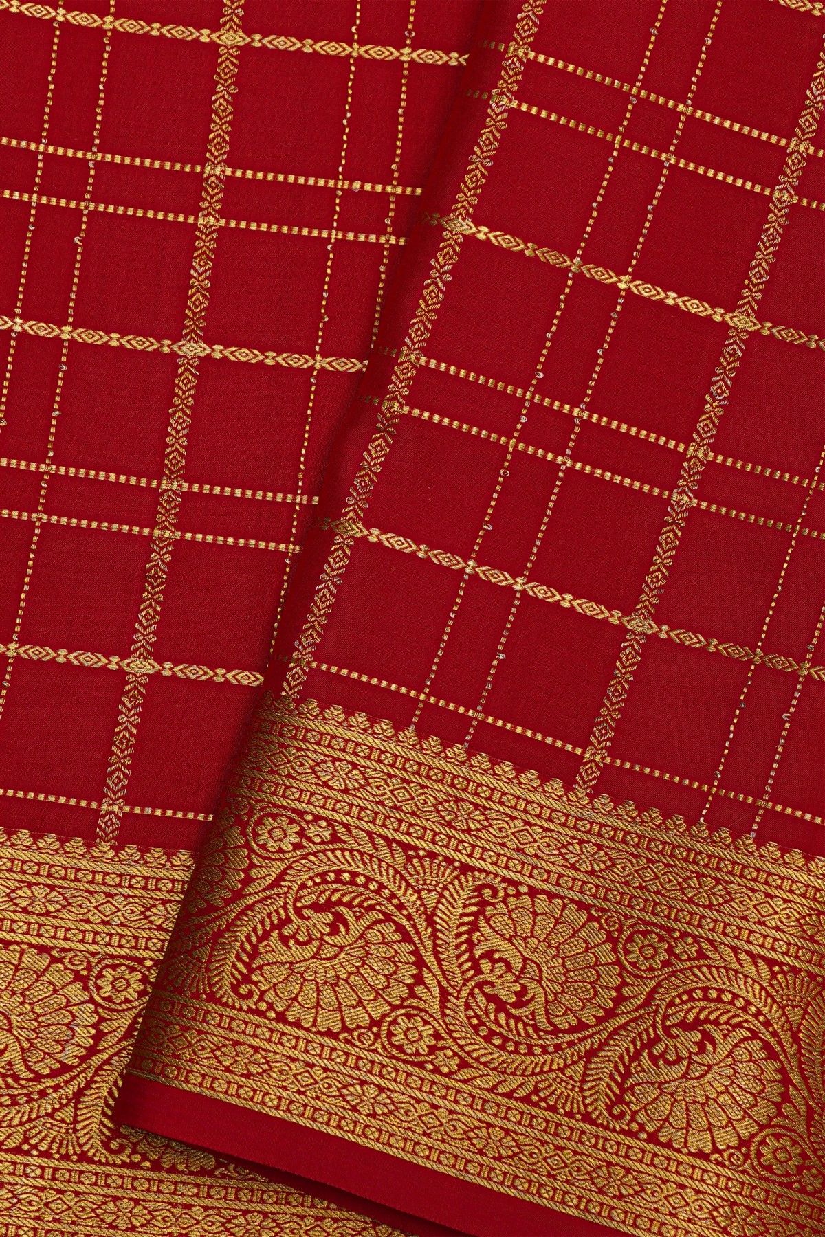 Mysore Crepe Red Saree With Zari Checks Body