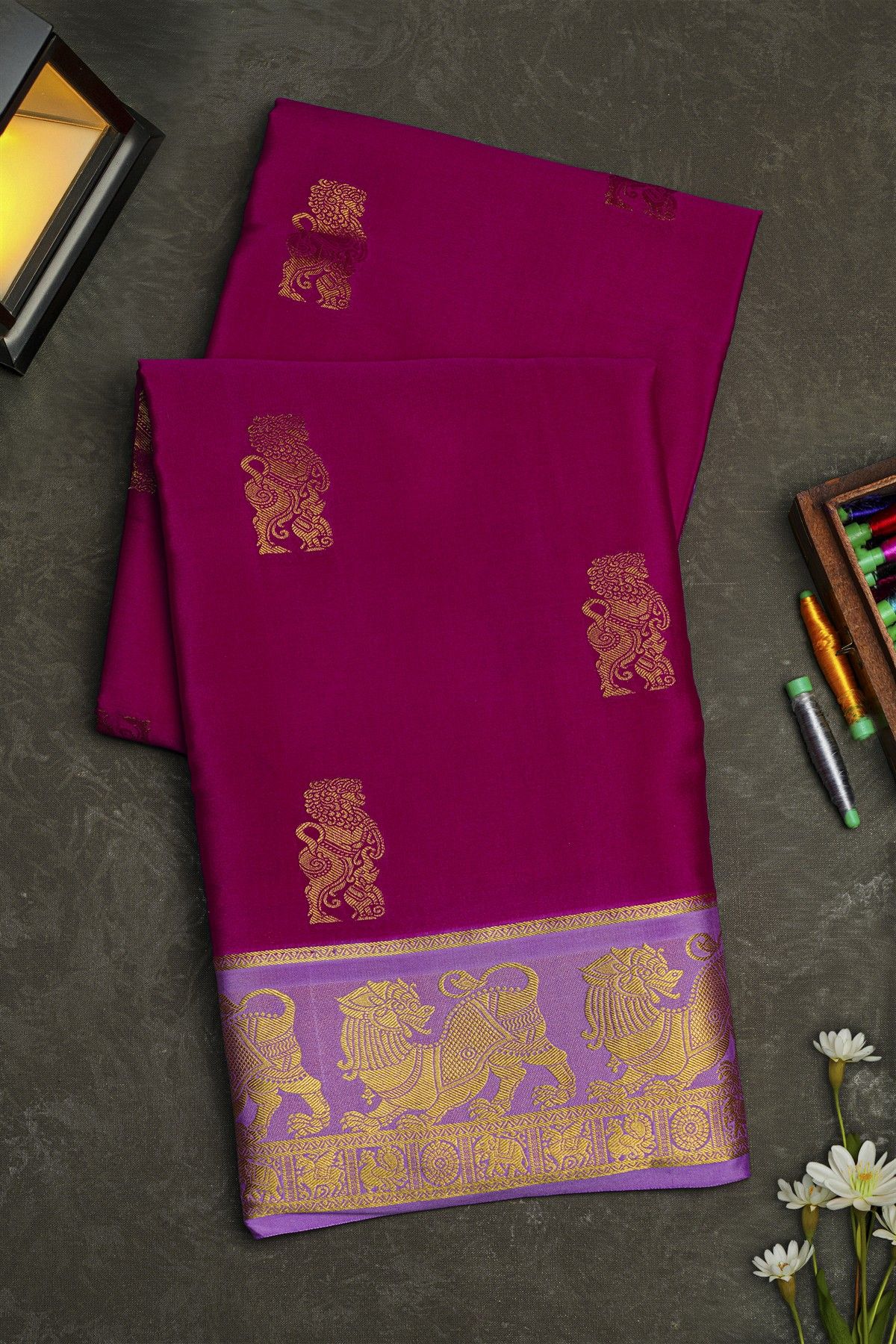 Mysore Crepe Rani Pink Saree With Yaali Buttis Body