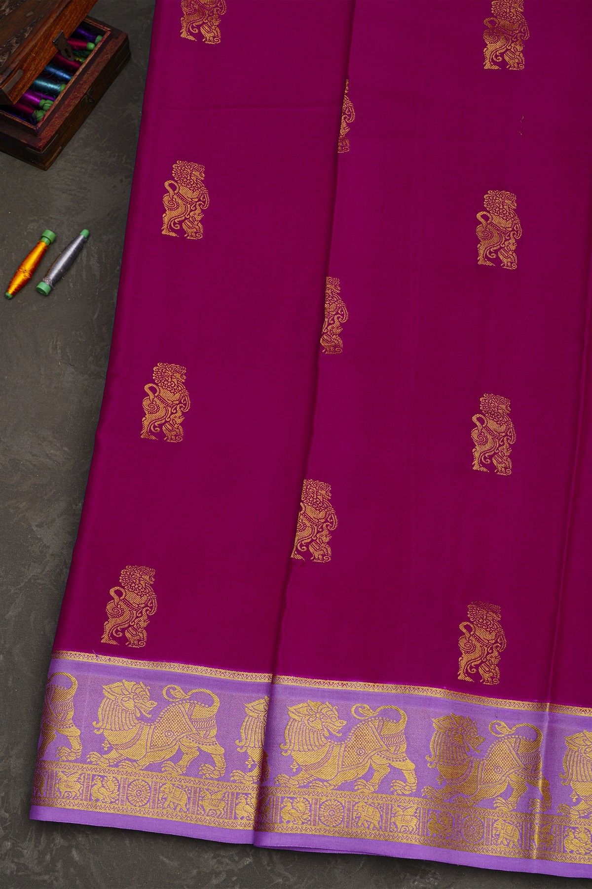 Mysore Crepe Rani Pink Saree With Yaali Buttis Body
