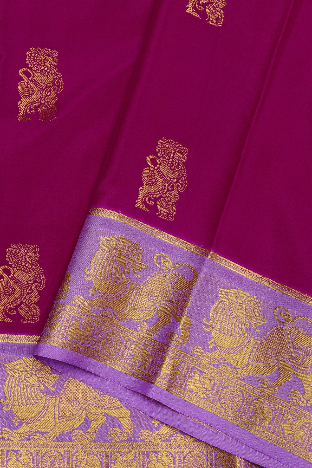 Mysore Crepe Rani Pink Saree With Yaali Buttis Body