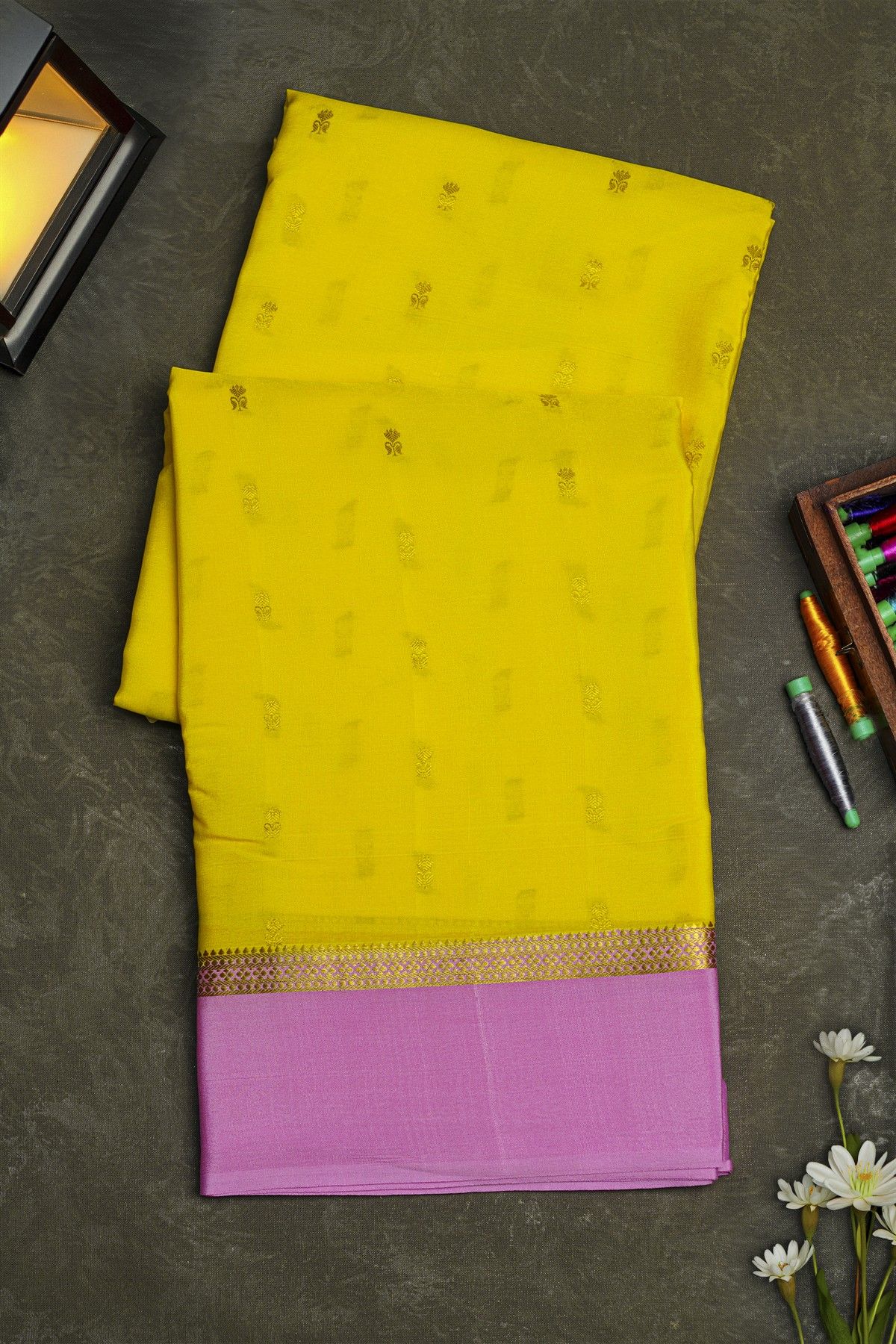 Mysore Crepe Yellow Saree With Florals And Buttis Body