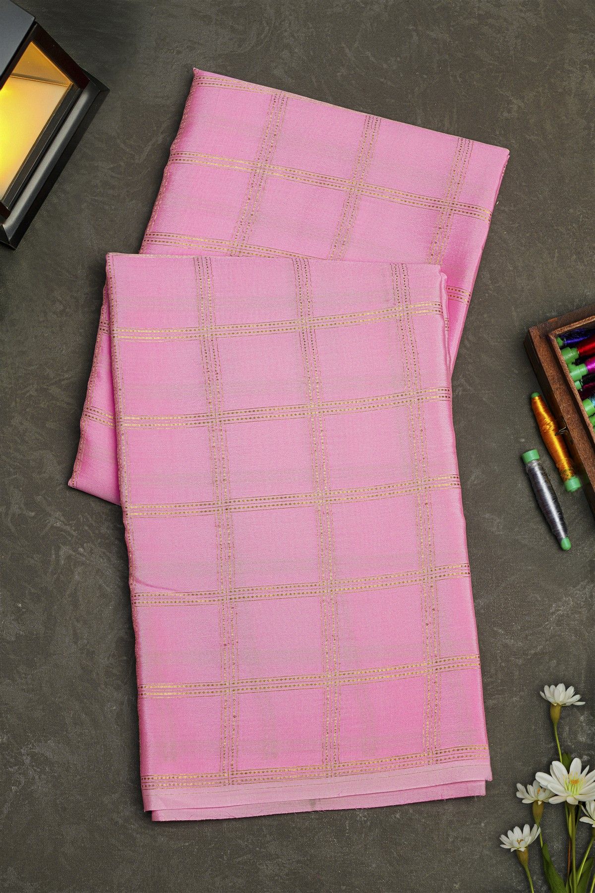 Mysore Crepe Baby Pink Saree With Zari Checks Body