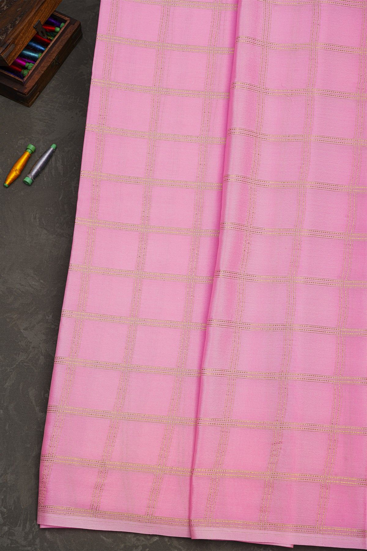 Mysore Crepe Baby Pink Saree With Zari Checks Body