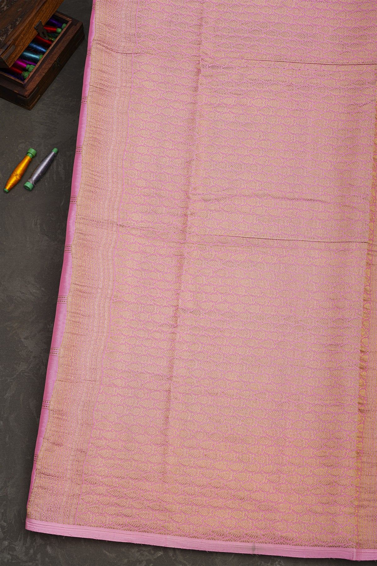 Mysore Crepe Baby Pink Saree With Zari Checks Body