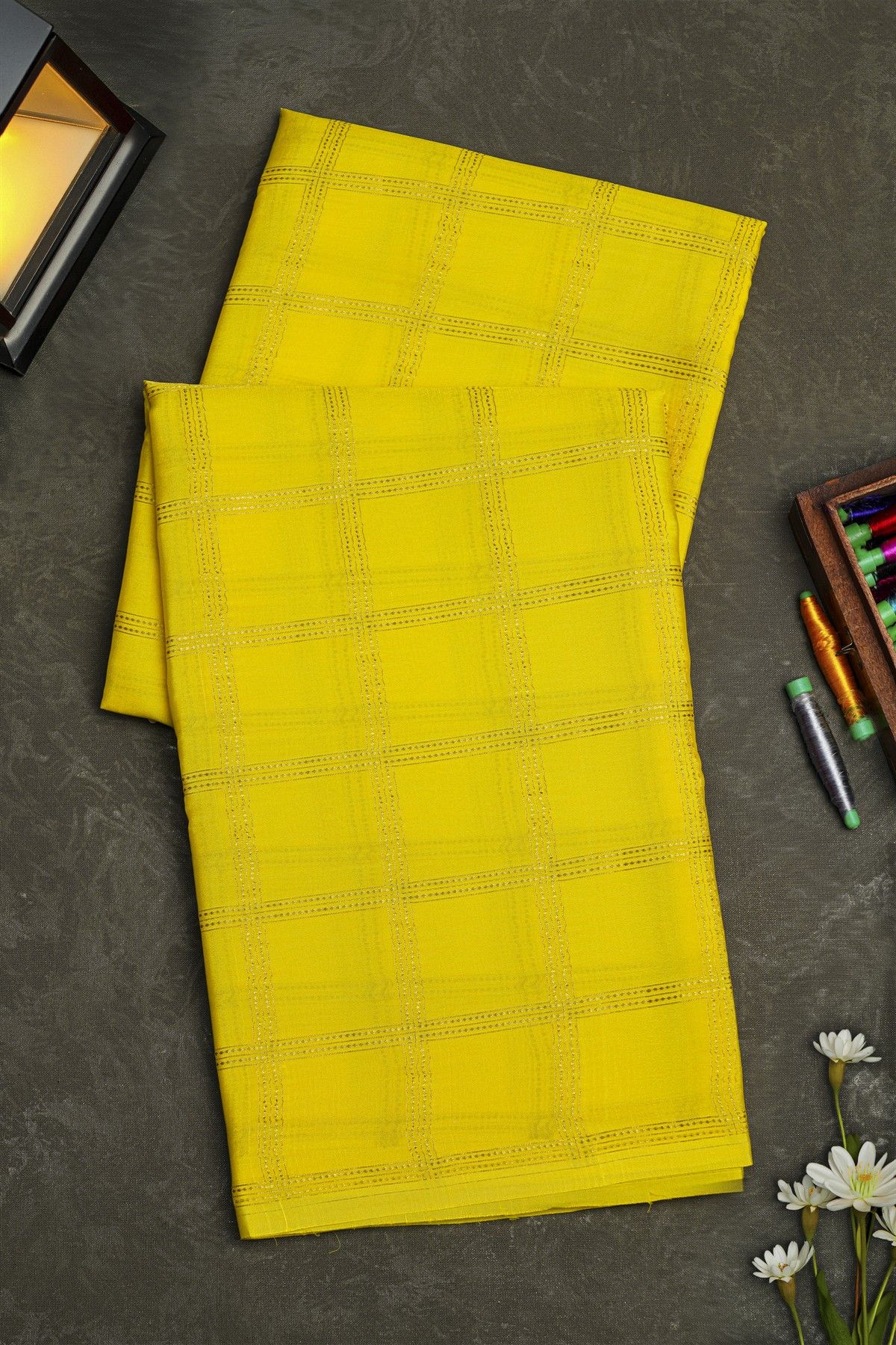 Mysore Crepe Yellow Saree With Zari Checks Body