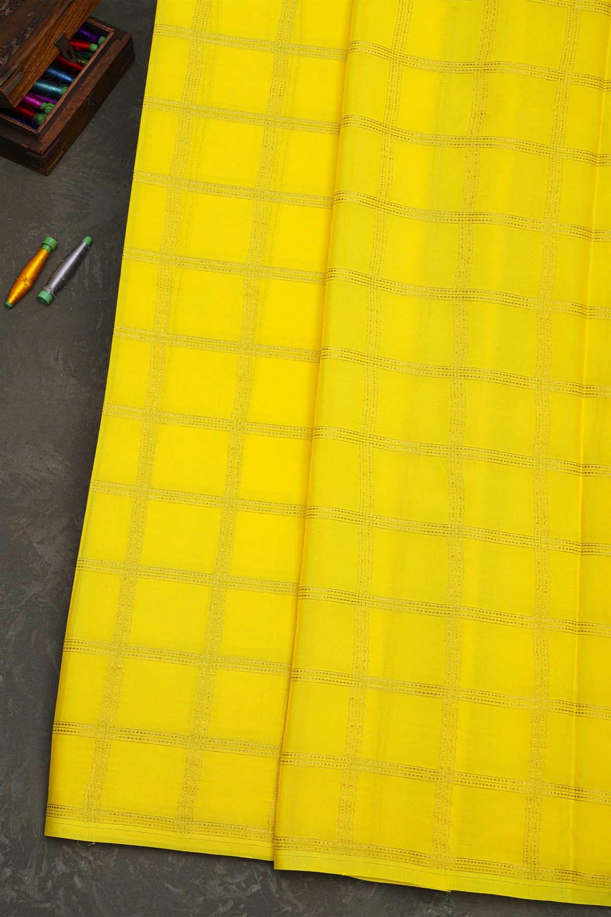 Mysore Crepe Yellow Saree With Zari Checks Body