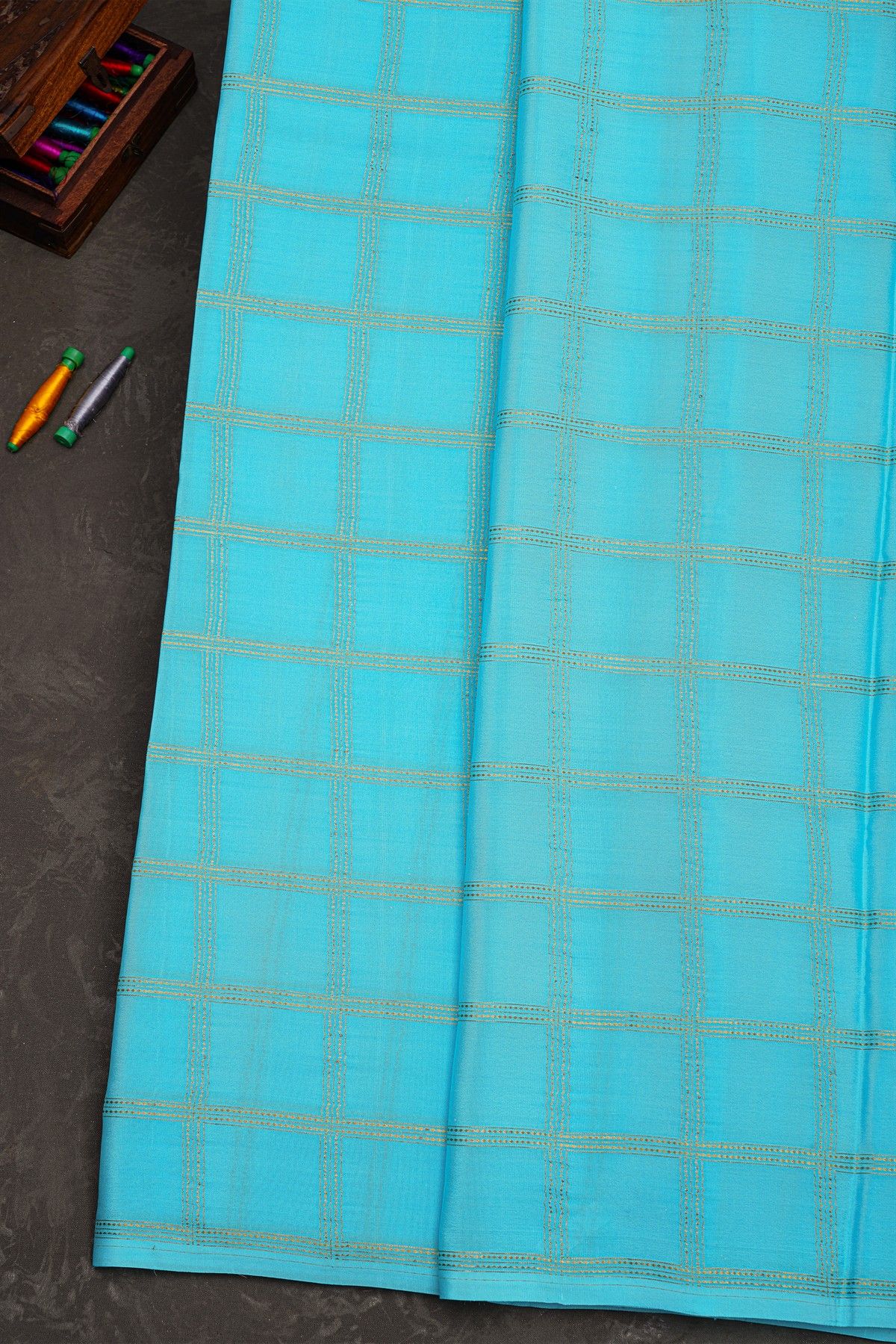 Mysore Crepe Sky Blue Saree With Zari Checks Body