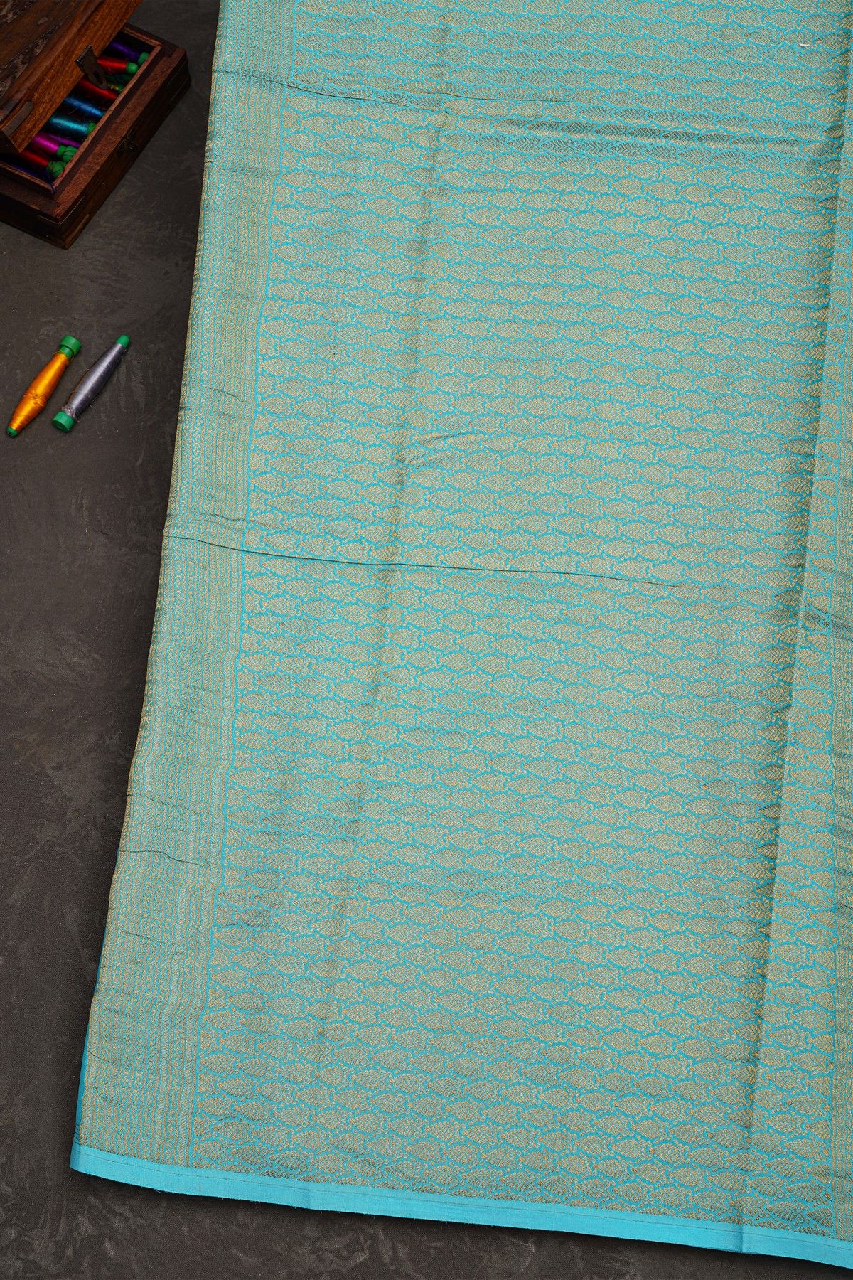 Mysore Crepe Sky Blue Saree With Zari Checks Body