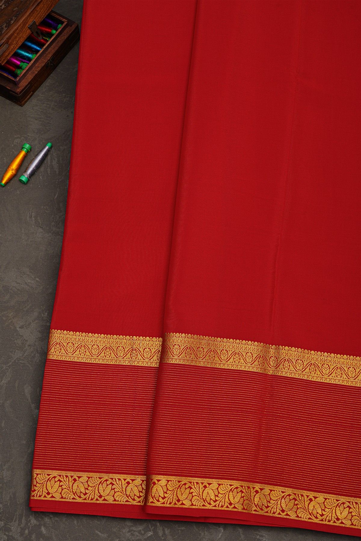 Mysore Crepe Red Saree With Florals And Leaves Jaal Border