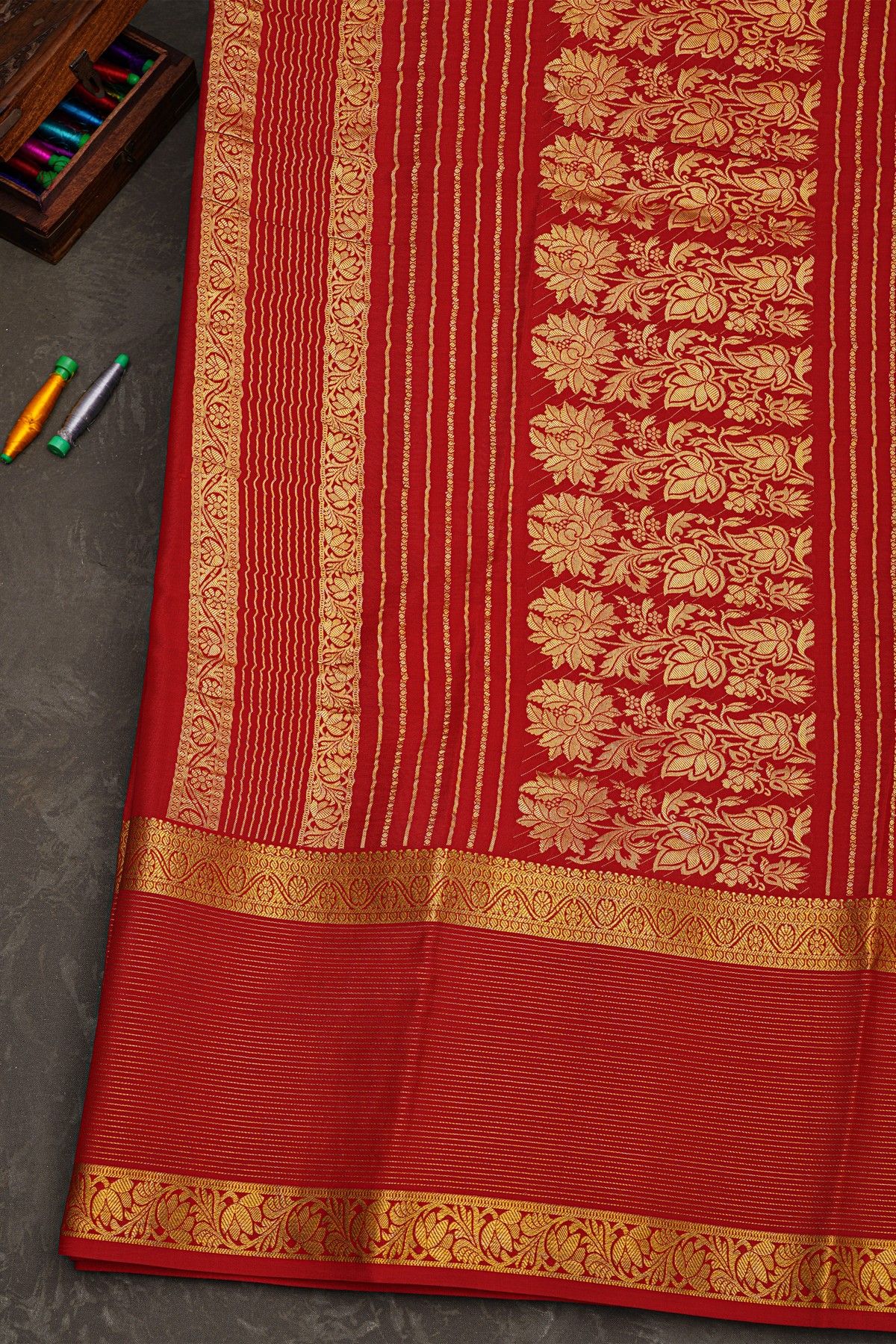 Mysore Crepe Red Saree With Florals And Leaves Jaal Border