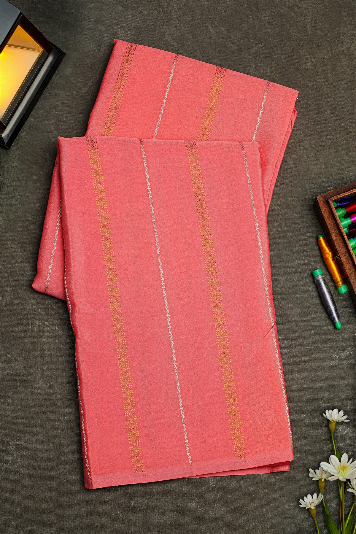 Mysore Crepe Peach Pink Saree With Zari Lines Body