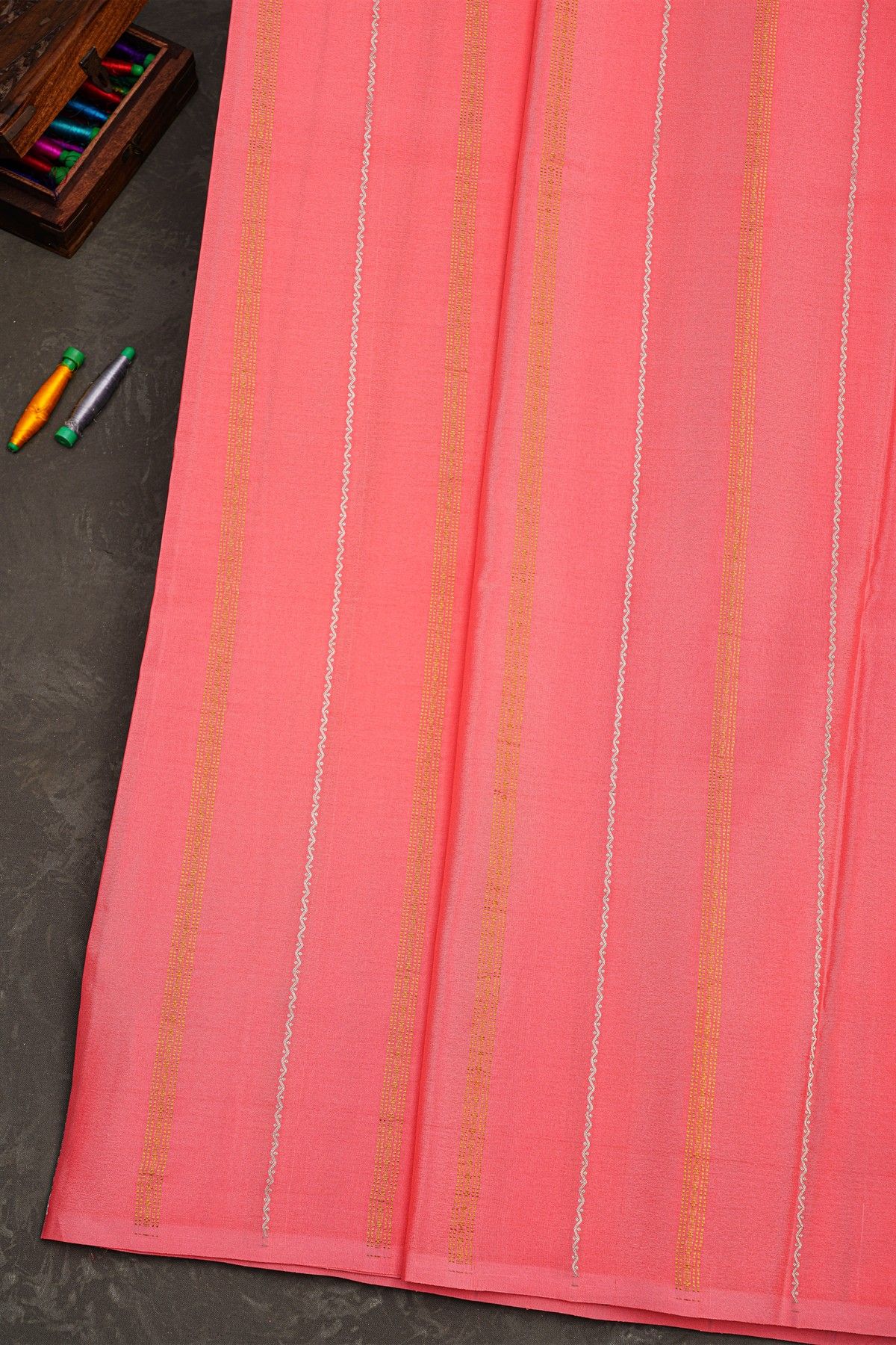 Mysore Crepe Peach Pink Saree With Zari Lines Body