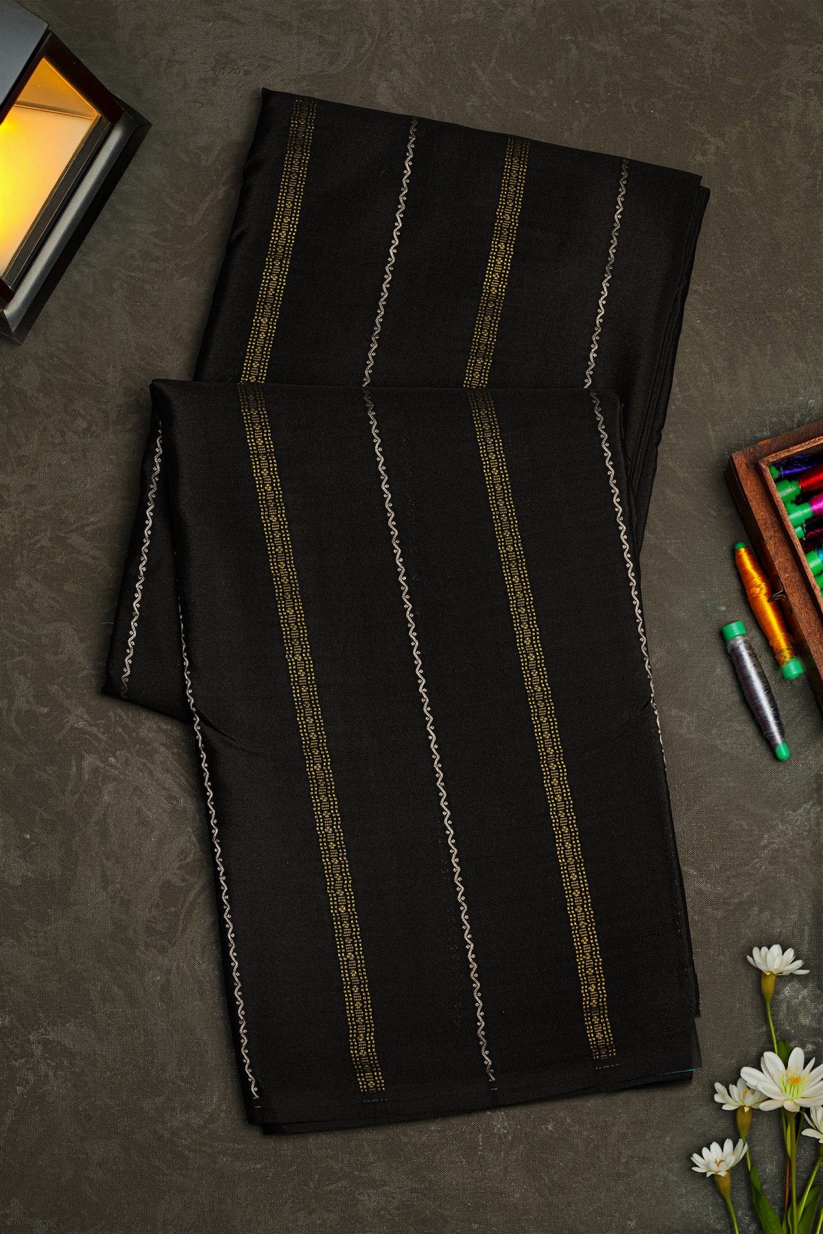 Mysore Crepe Black Saree With Zari Lines Body