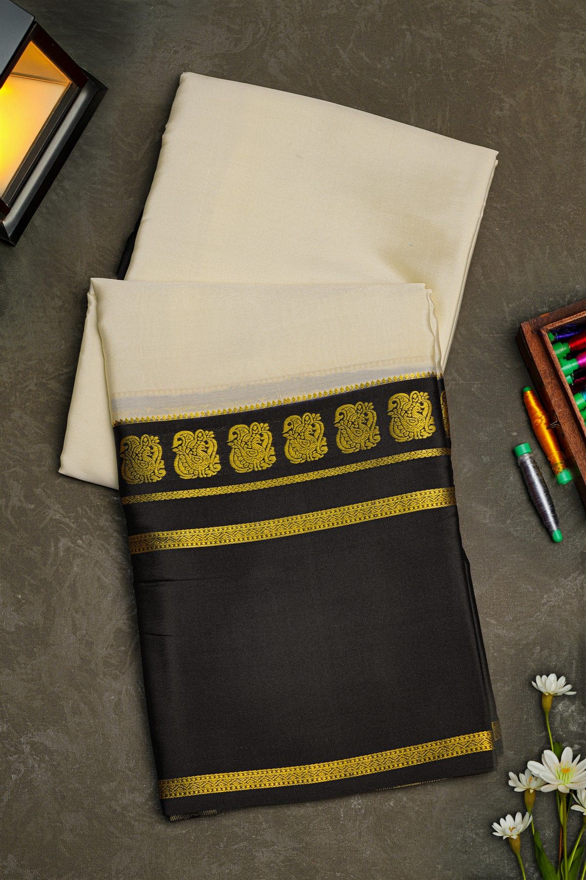 Mysore Crepe White Saree With Gap Border