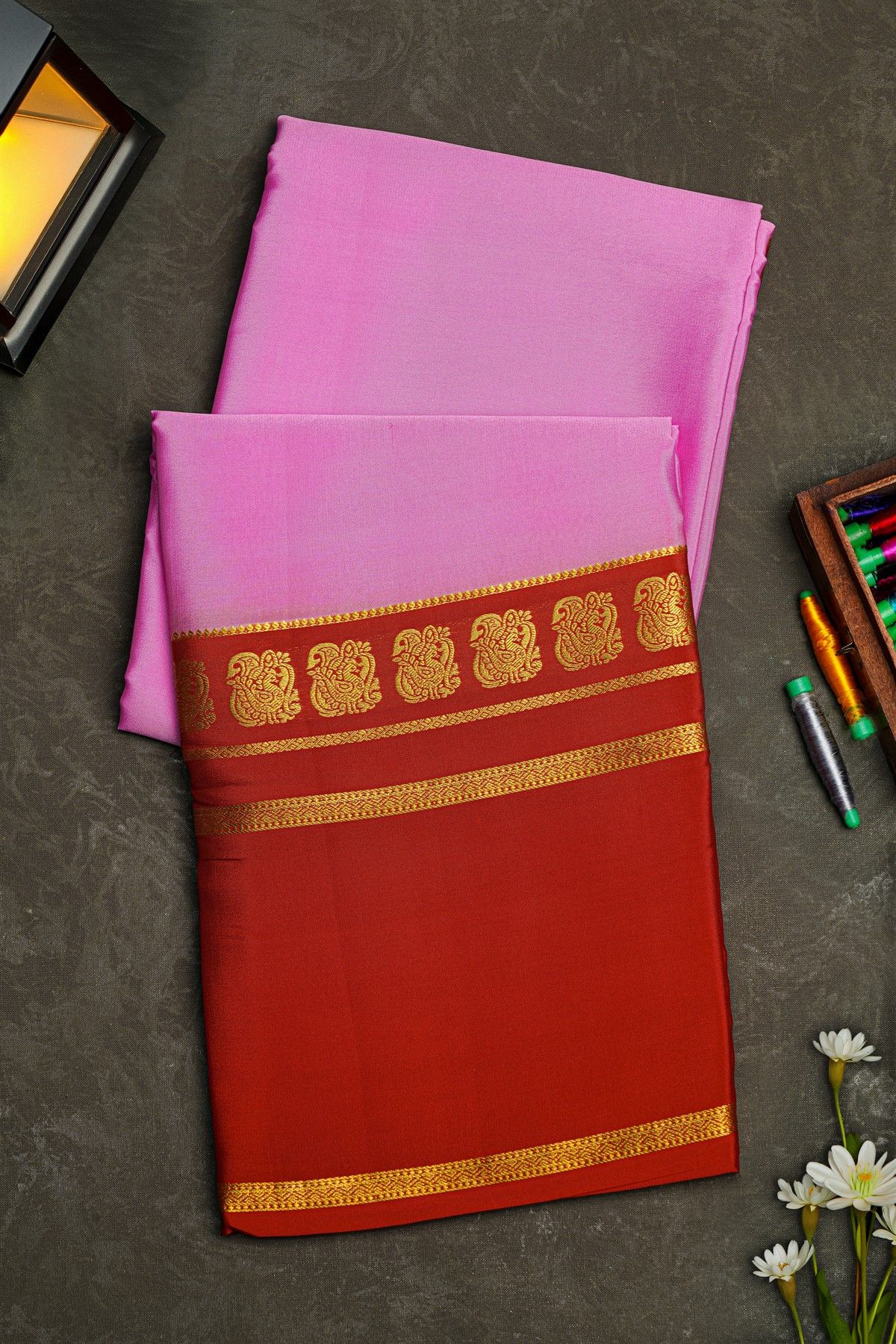 Mysore Crepe Baby Pink Saree With Gap Border