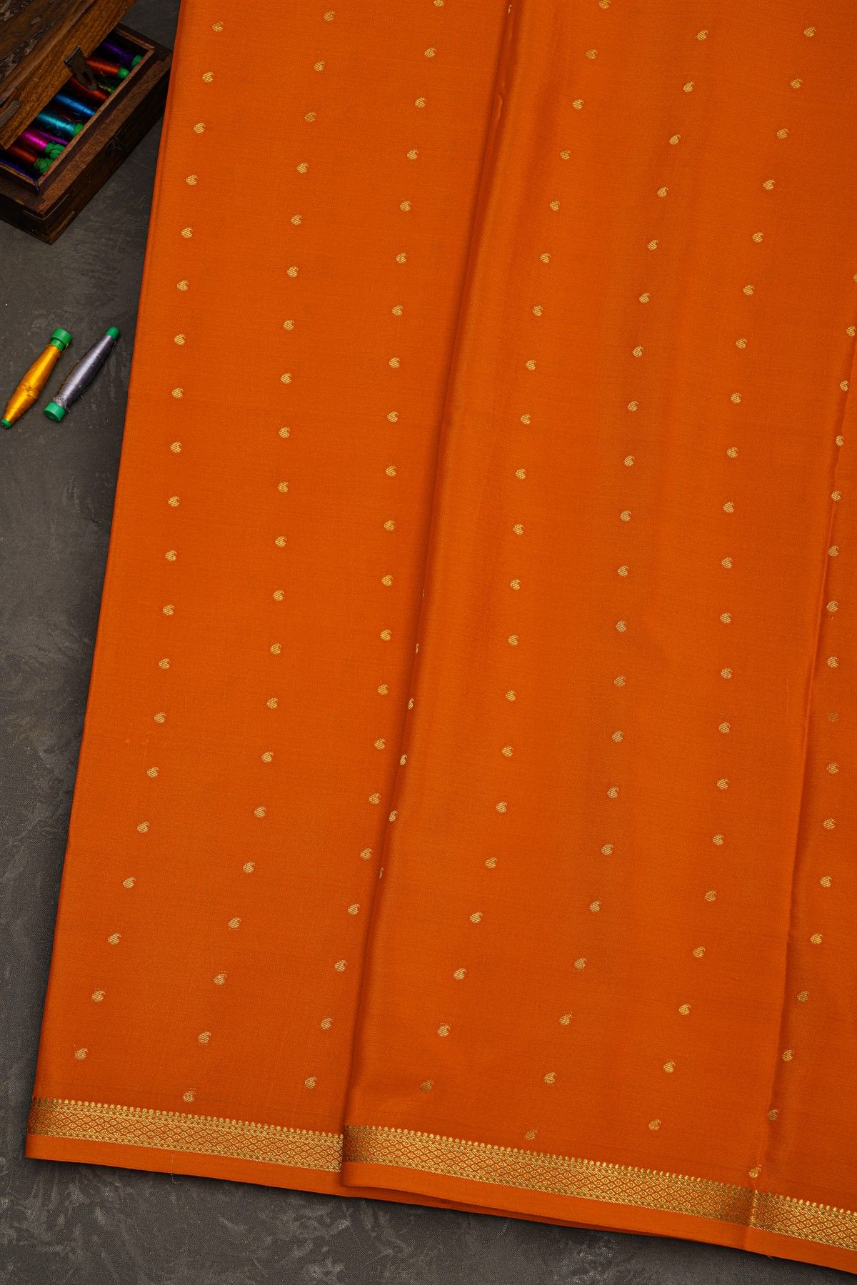 Mysore Crepe Rust Orange Saree With Small Mango Paisley Buttis Body