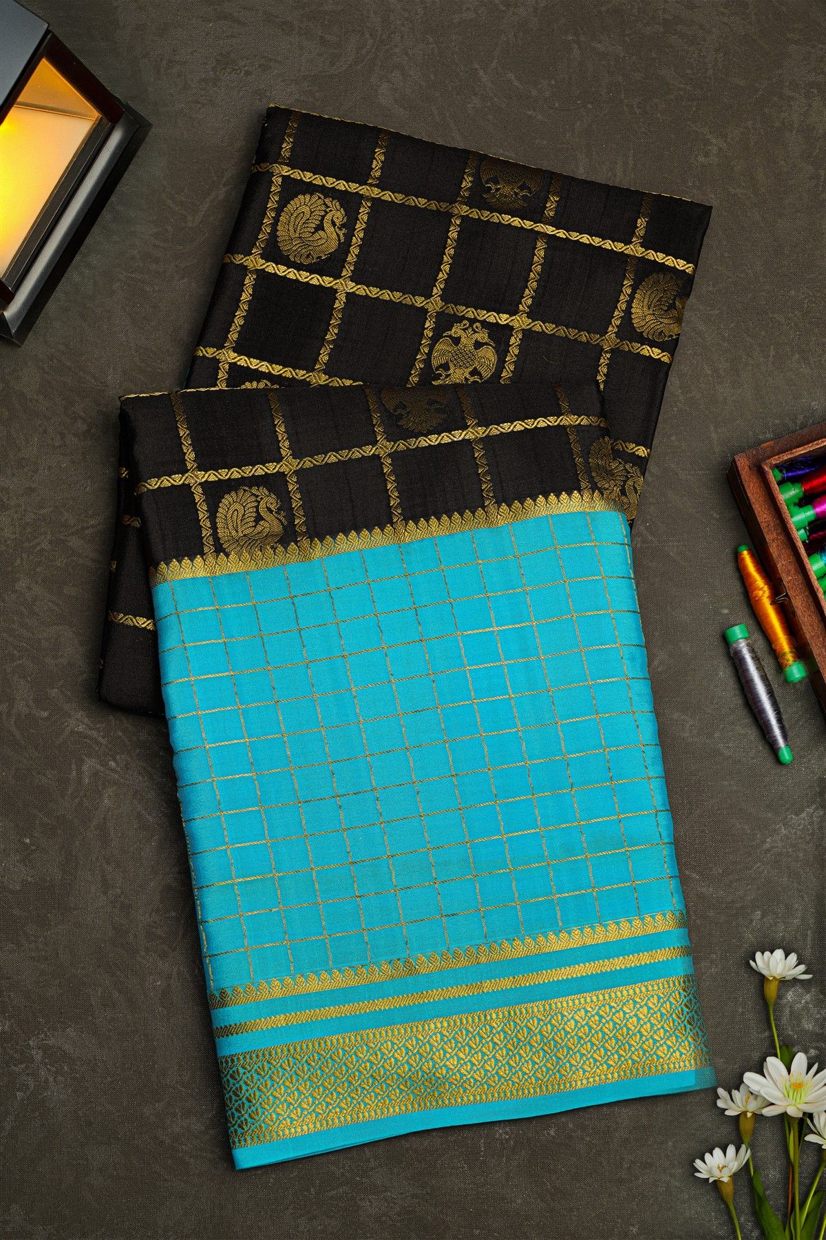 Mysore Crepe Black Saree With Peacock And Gandaberunda Buttis Body