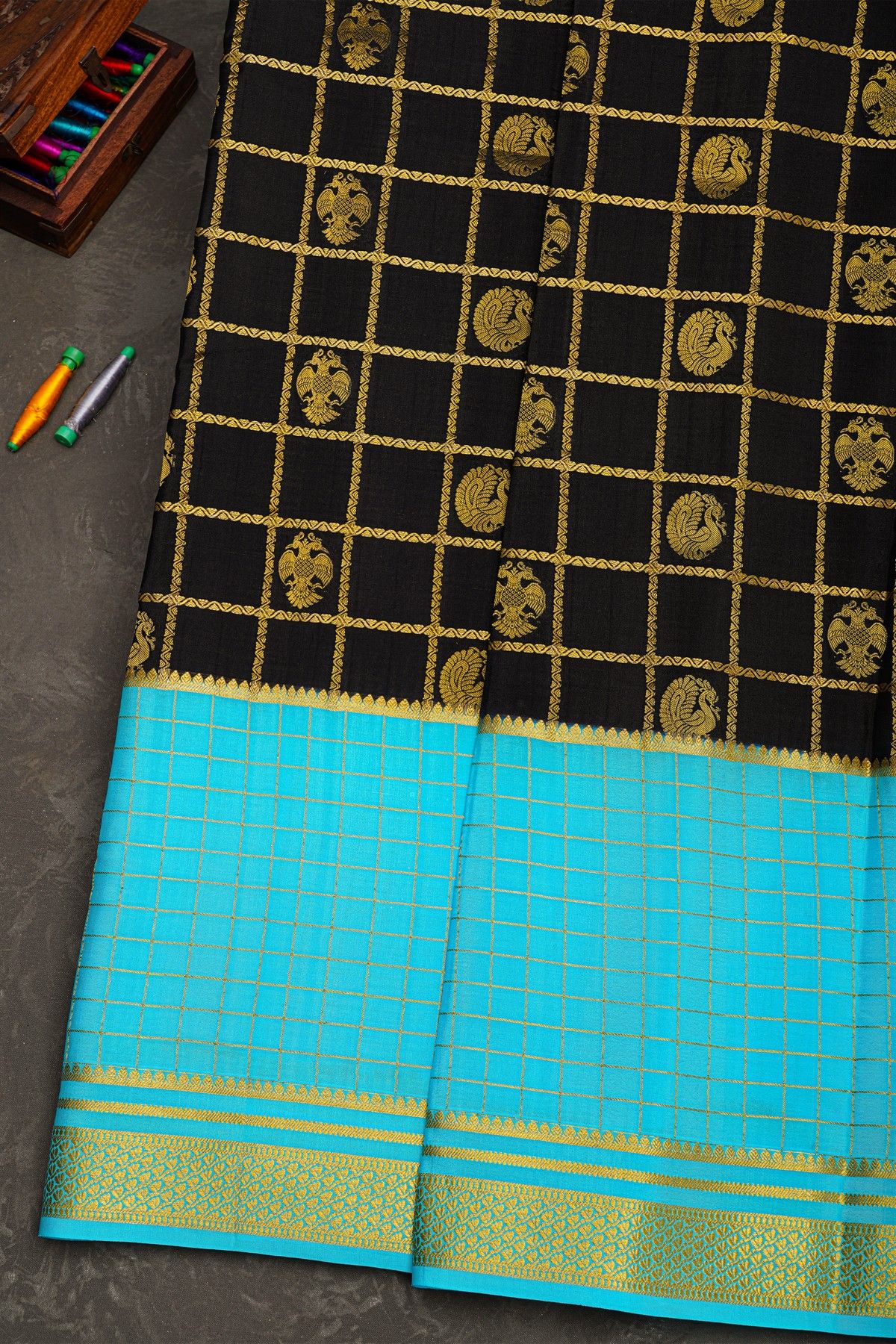 Mysore Crepe Black Saree With Peacock And Gandaberunda Buttis Body
