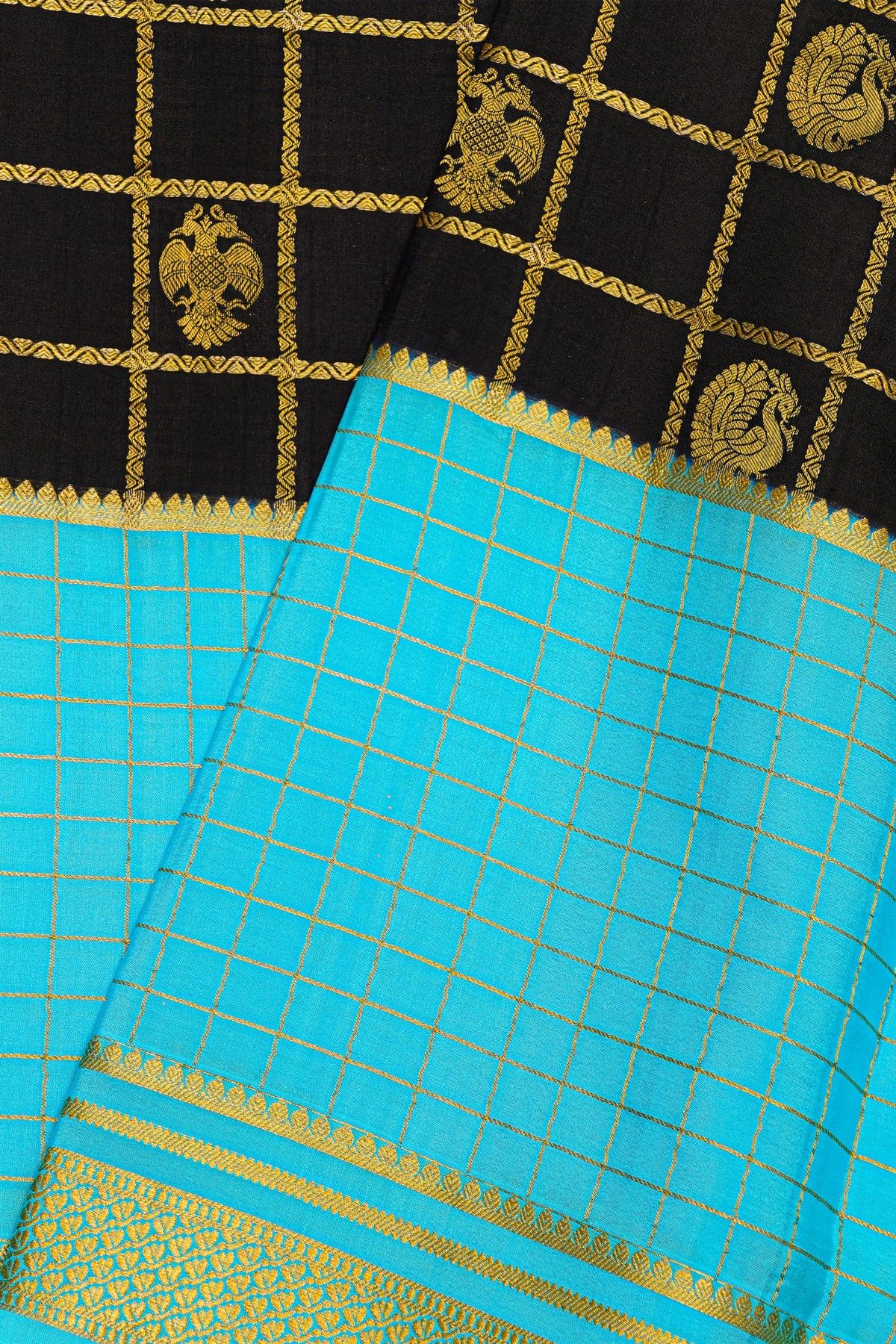 Mysore Crepe Black Saree With Peacock And Gandaberunda Buttis Body