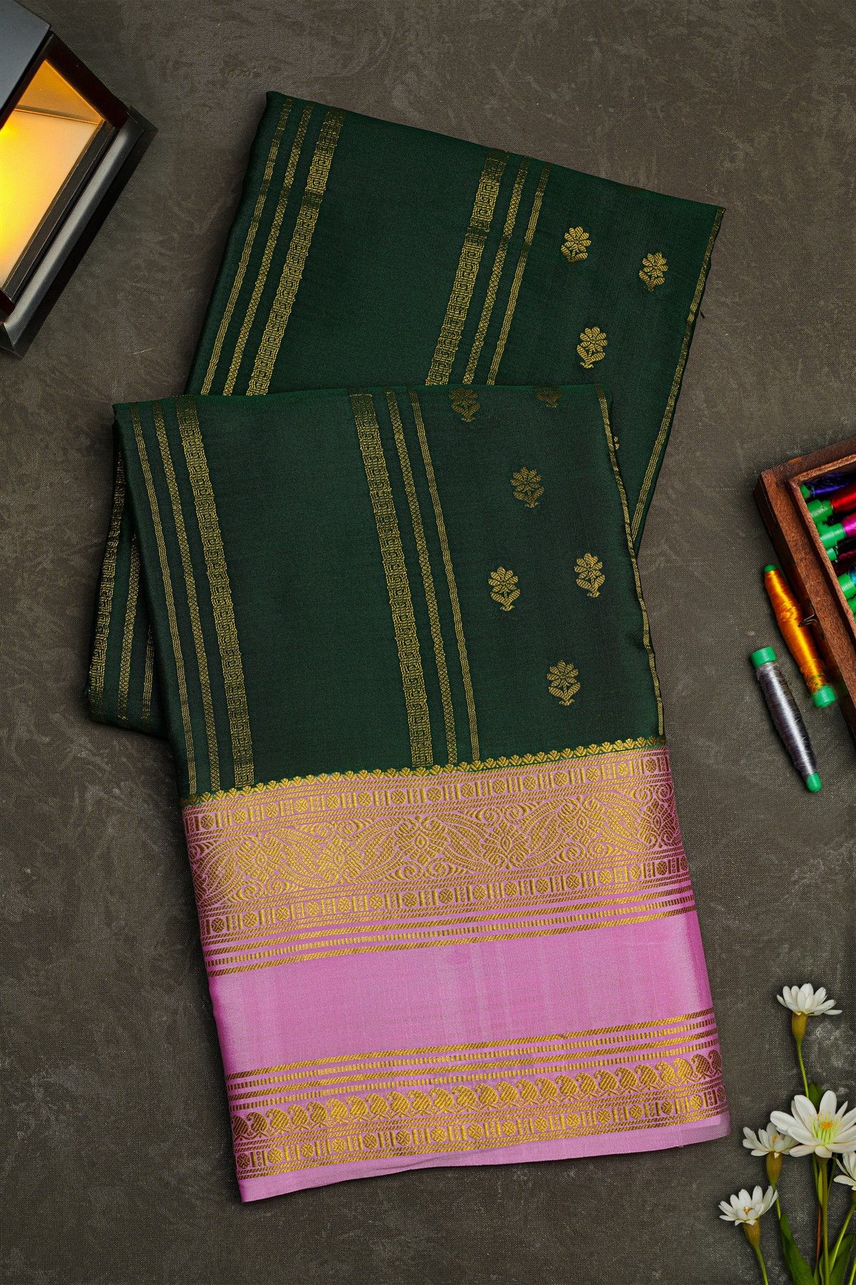 Mysore Crepe Bottle Green Saree With Gap Border
