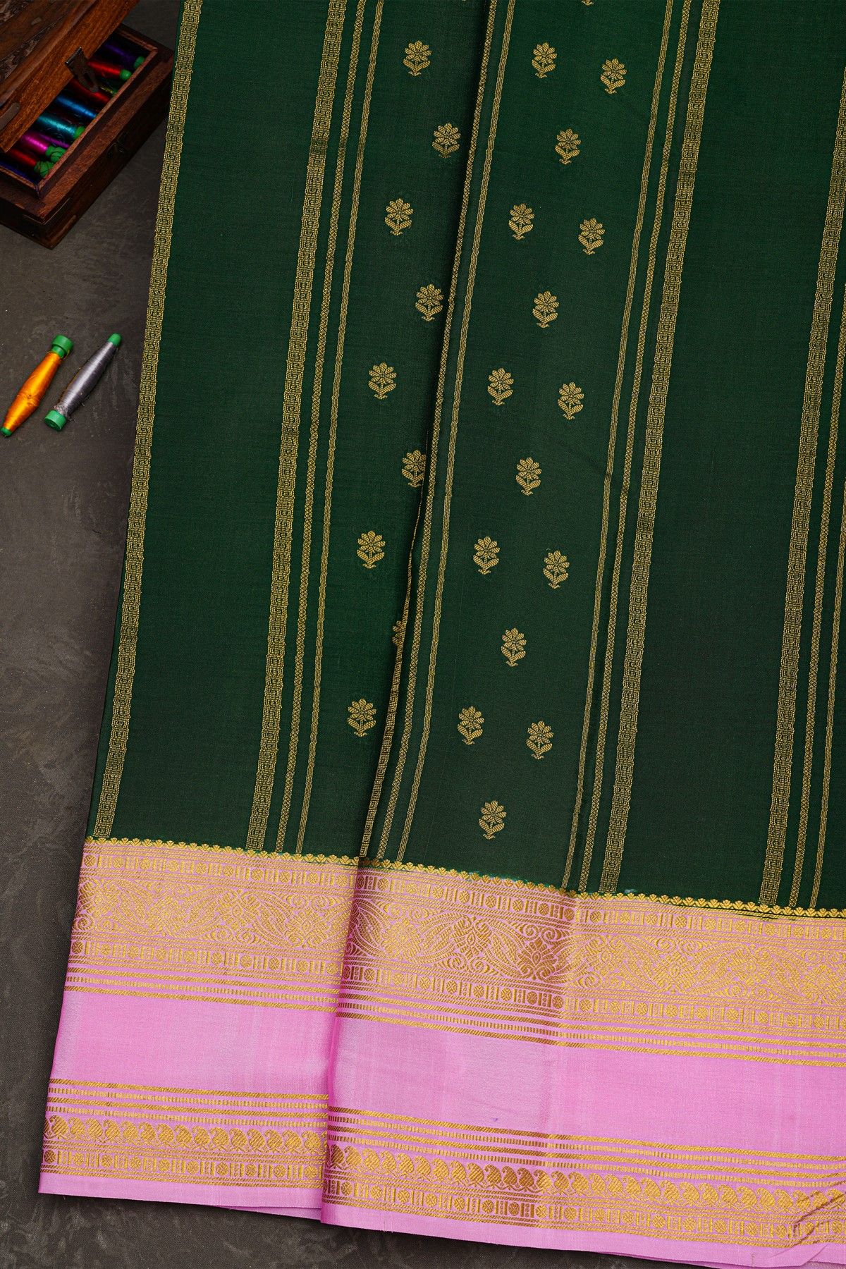 Mysore Crepe Bottle Green Saree With Gap Border