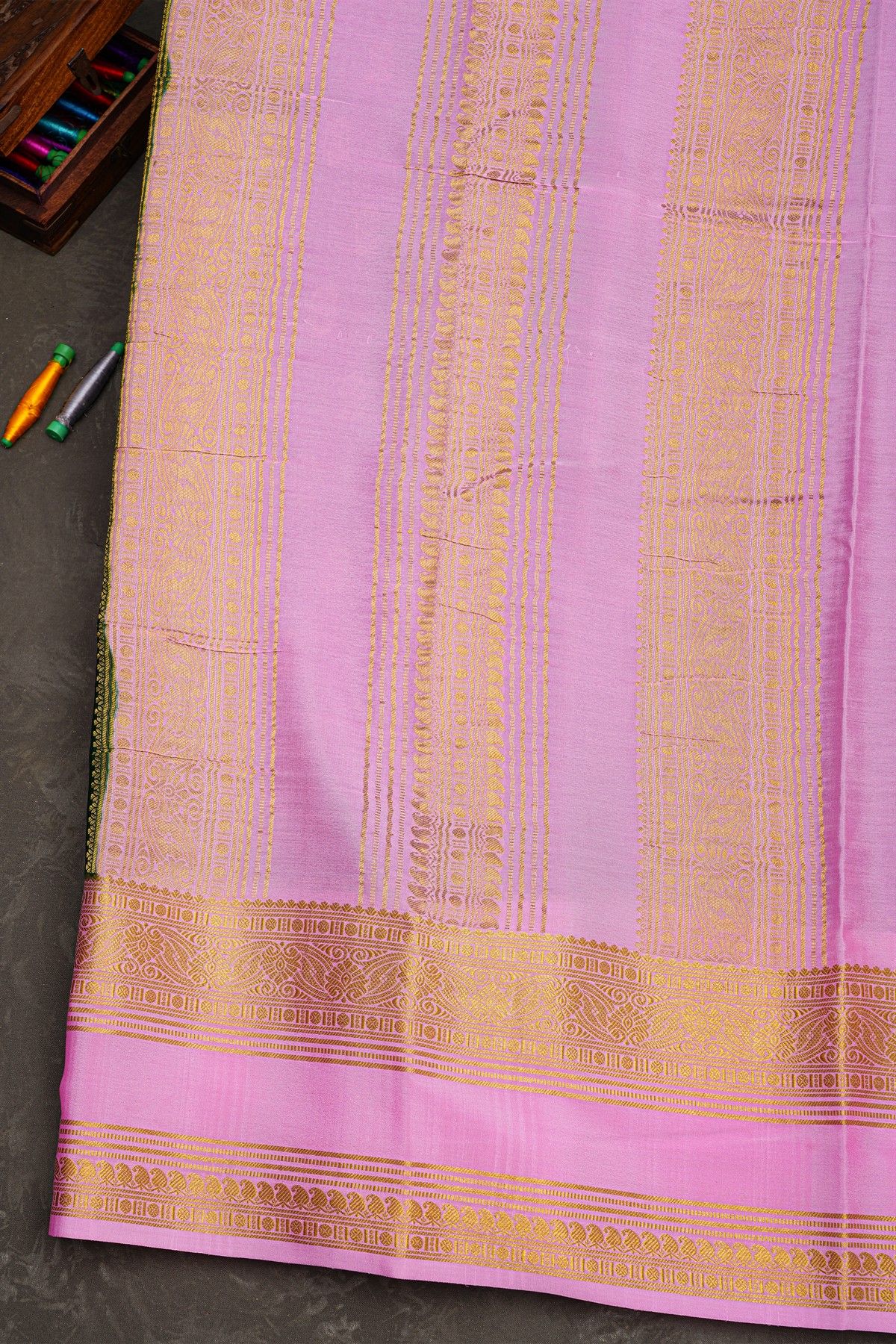 Mysore Crepe Bottle Green Saree With Gap Border