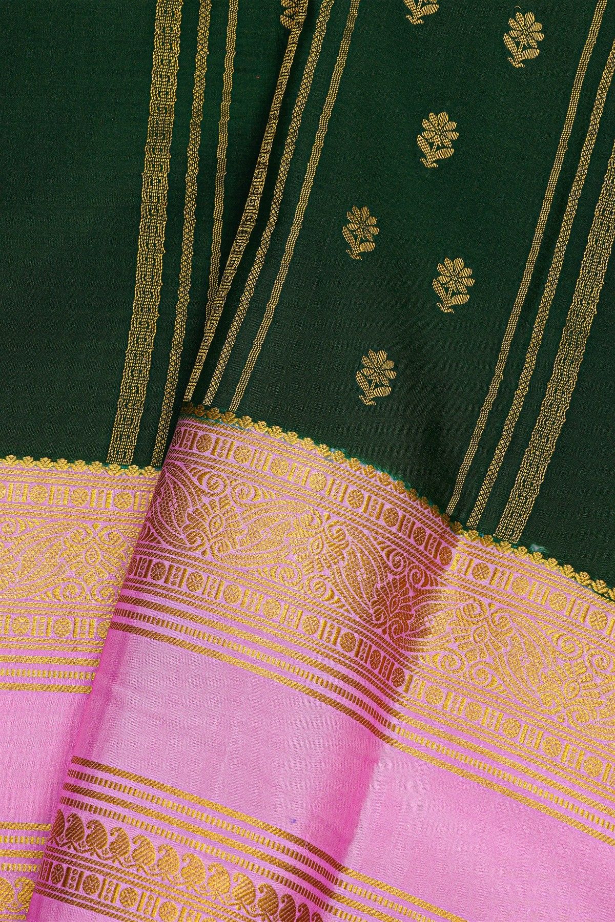 Mysore Crepe Bottle Green Saree With Gap Border