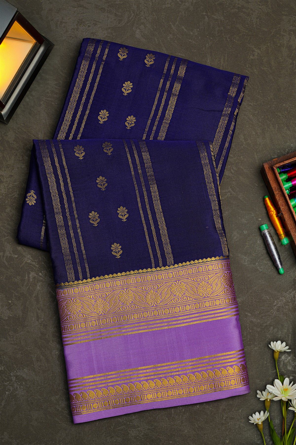 Mysore Crepe Navy Blue Saree With Zari Lines And Floral Buttis Body