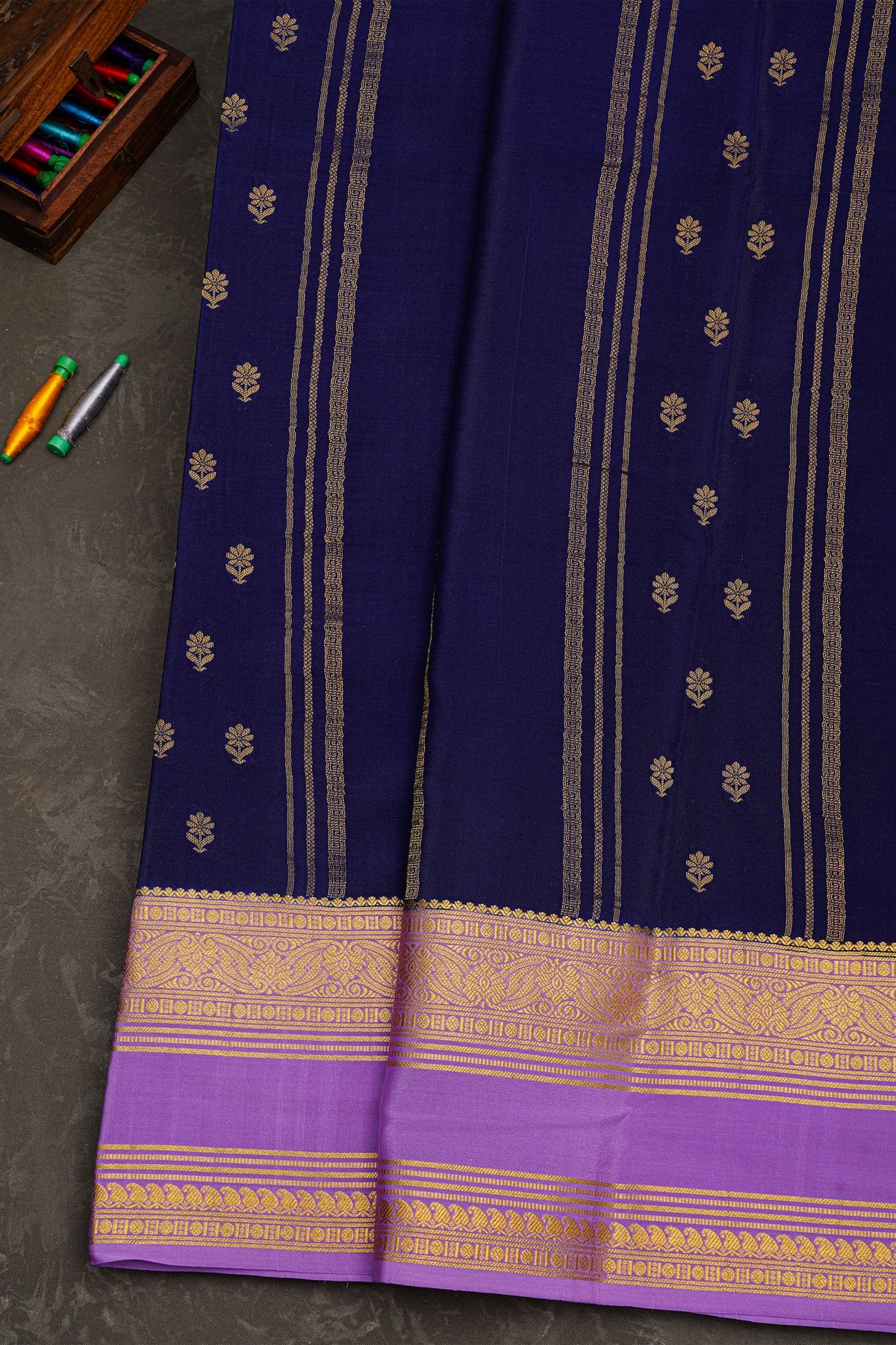Mysore Crepe Navy Blue Saree With Zari Lines And Floral Buttis Body