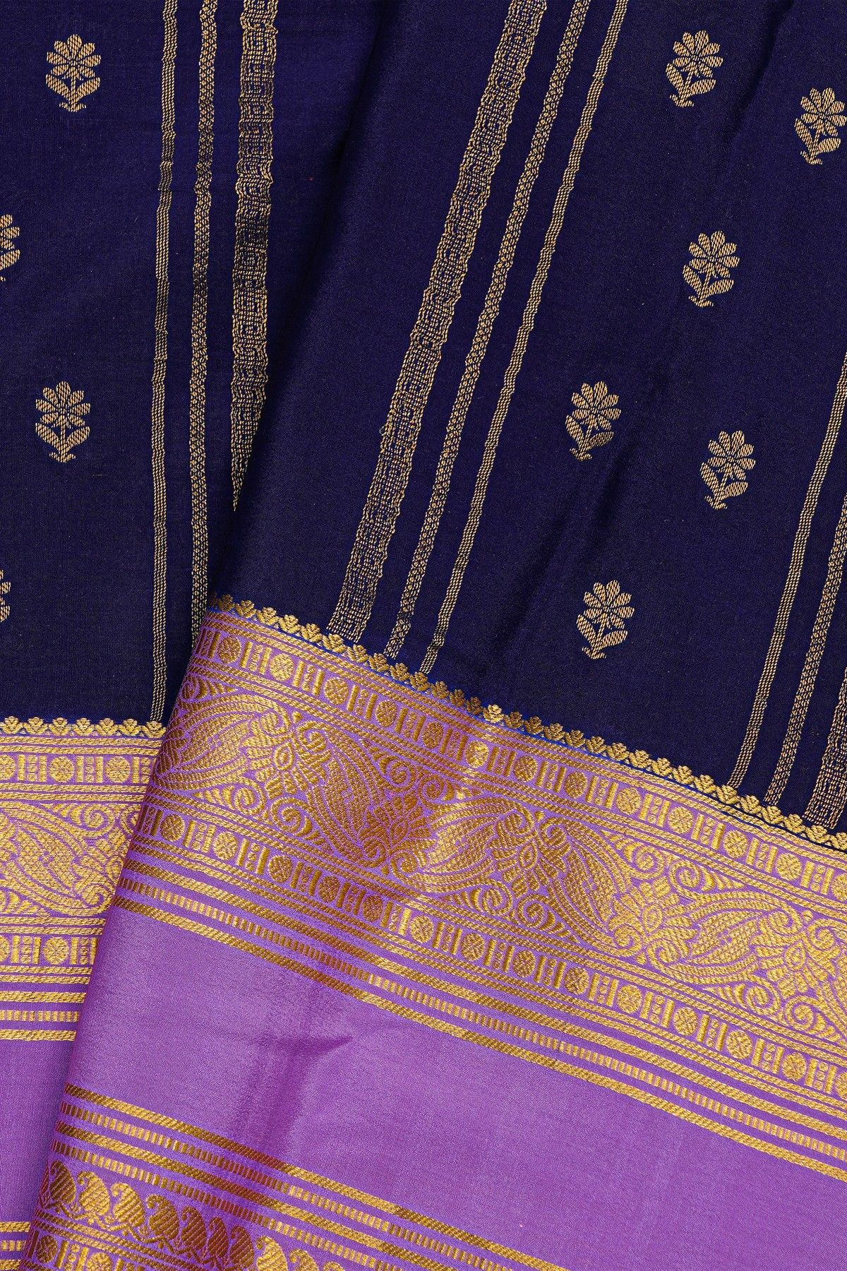 Mysore Crepe Navy Blue Saree With Zari Lines And Floral Buttis Body