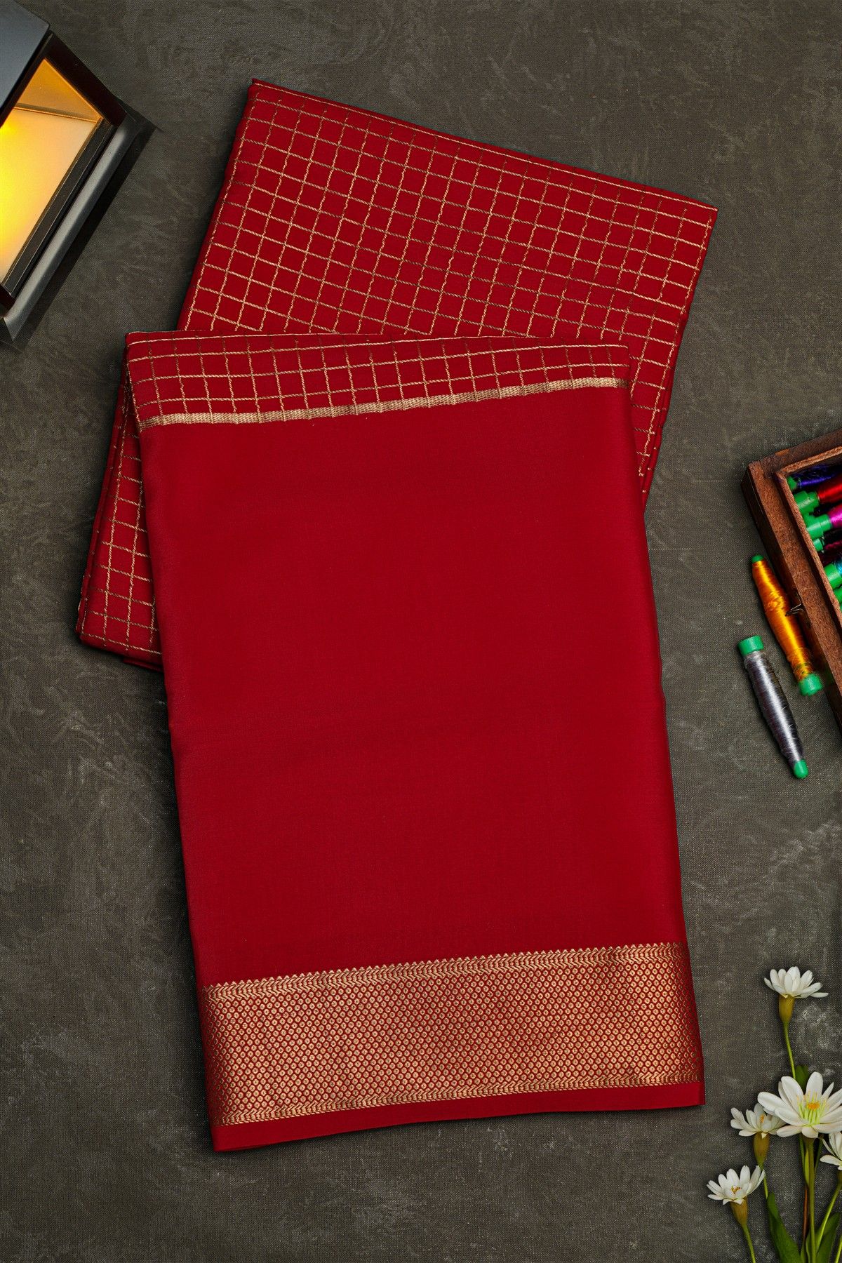 Mysore Crepe Red Saree With Checks And Zari Body