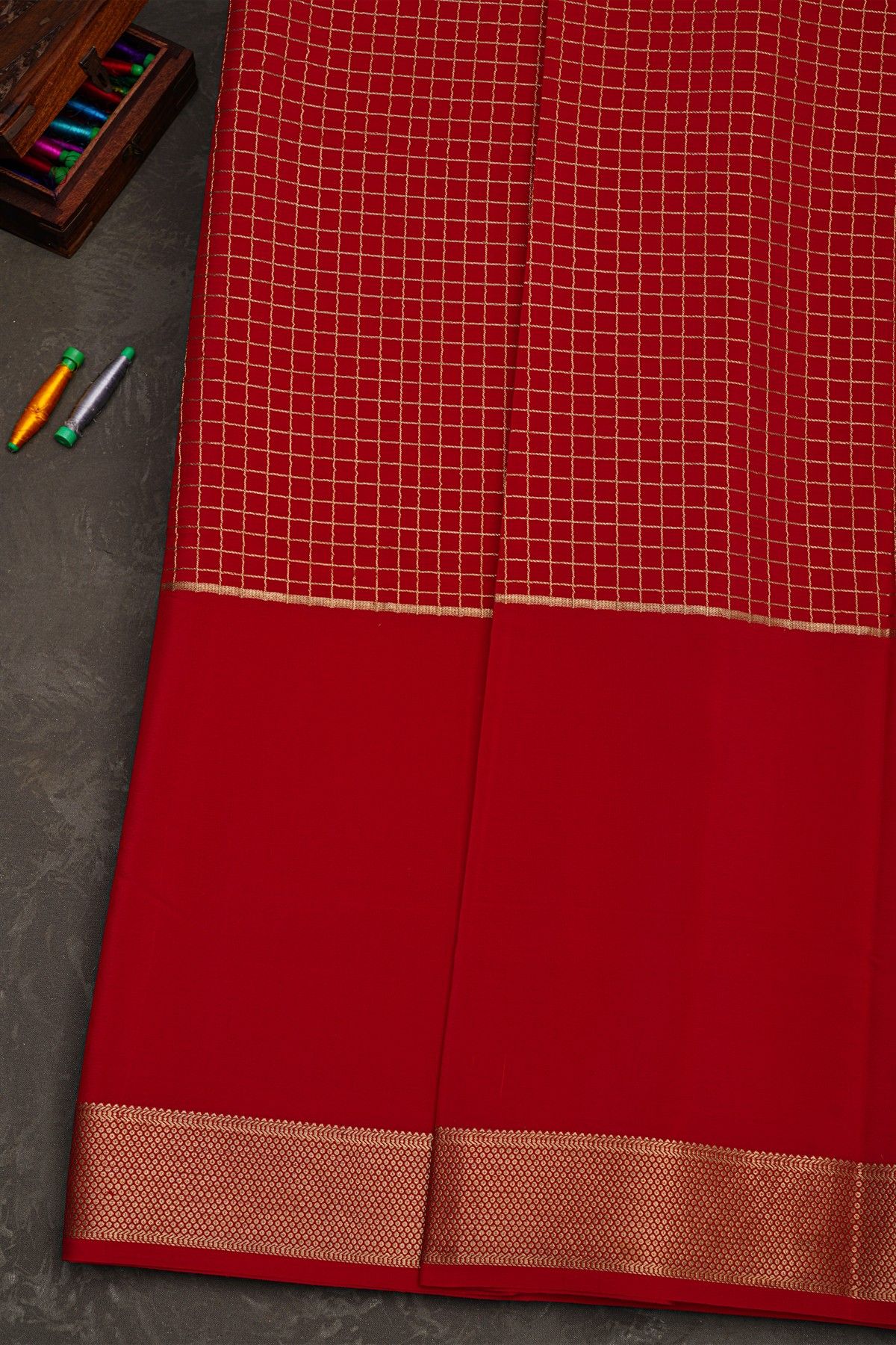 Mysore Crepe Red Saree With Checks And Zari Body