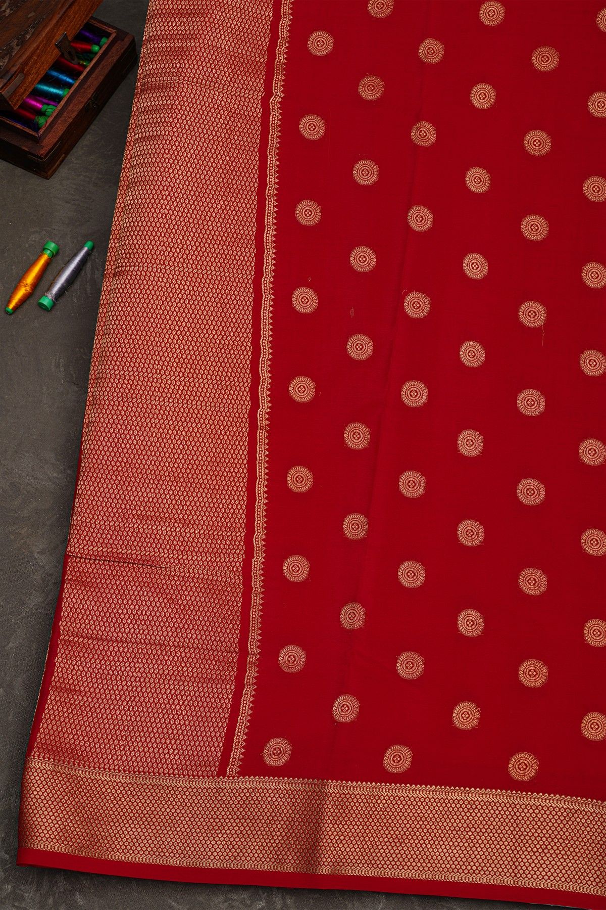 Mysore Crepe Red Saree With Checks And Zari Body