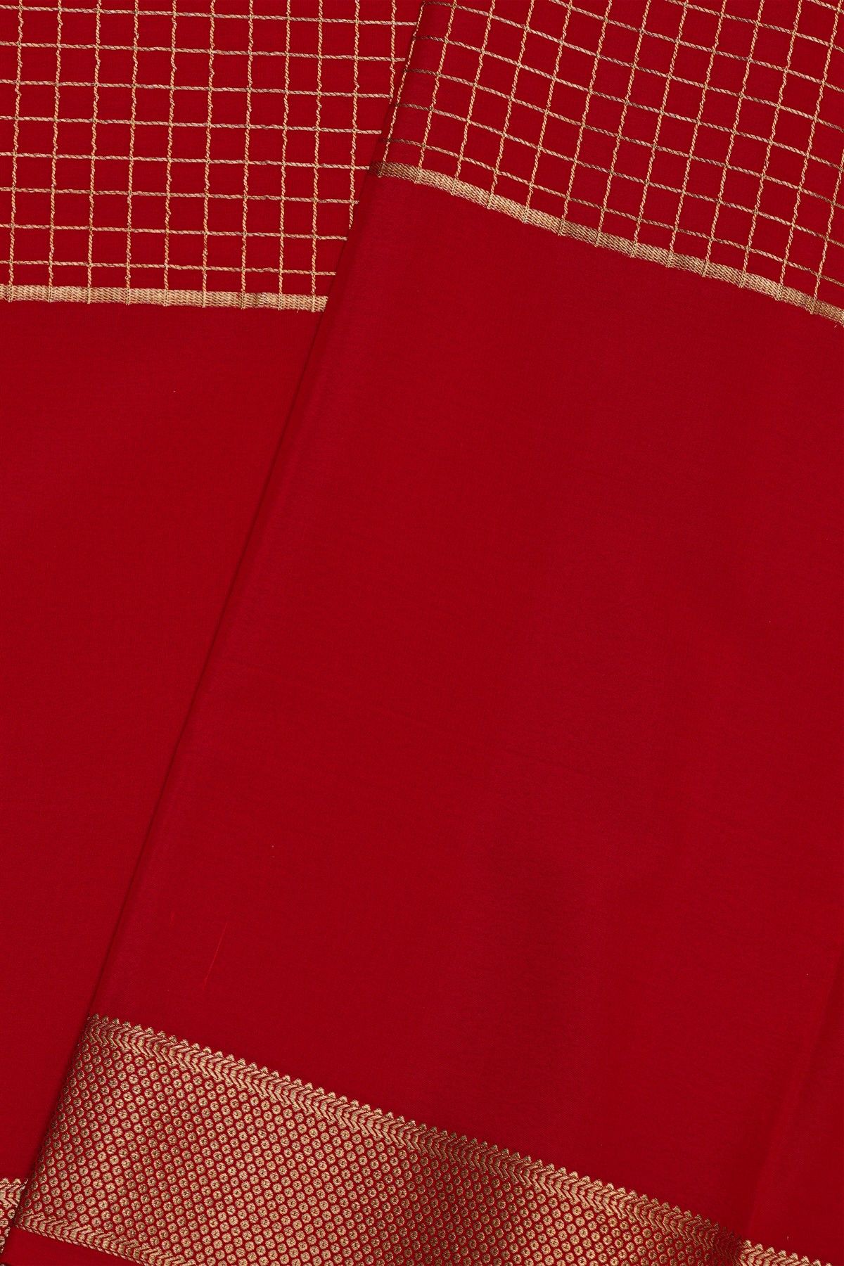 Mysore Crepe Red Saree With Checks And Zari Body